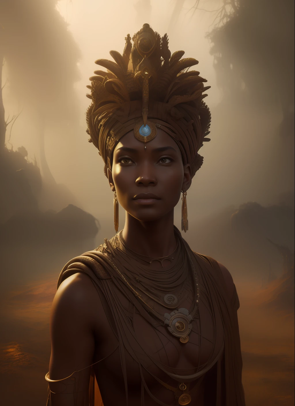 a hyper realistic character concept art of a beautiful african tribe woman, 4K symmetrical portrait,character concept art, oilpainting, Rendered in Octane,trending in artstation, cgsociety, 8k post-processing highly detailed,Junji Murakami, Mucha Klimt, Sharandula, Hiroshi Yoshida, Tom Bagshaw, Ross Tran, Artgerm,Craig Mullins,dramatic,Junji Murakami, moody lighting rendered by octane engine,characters 8K symmetrical arstation, cape,cinematic lighting, intricate details, 8k detail post processing, hyperealistic, octane rend, Zdzisław Beksiński style