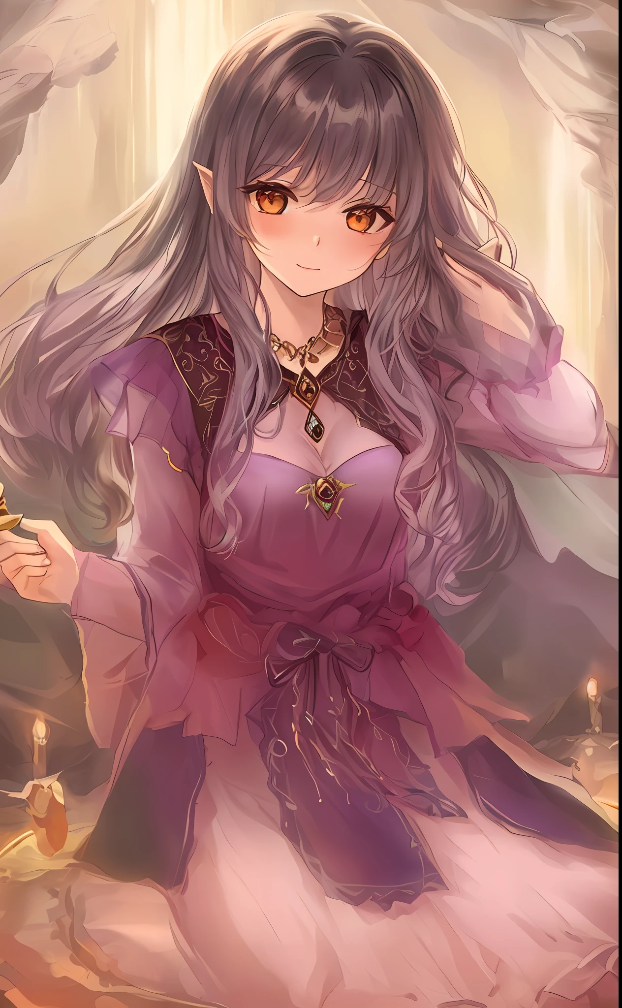 ((detailed illustration+high-quality), enchanting and captivating witch, in a captivating and enchanting dress, holds a mystical potion in a mysterious cave, surrounded by an enchanted and magical light, in an atmosphere shrouded in mystery.)