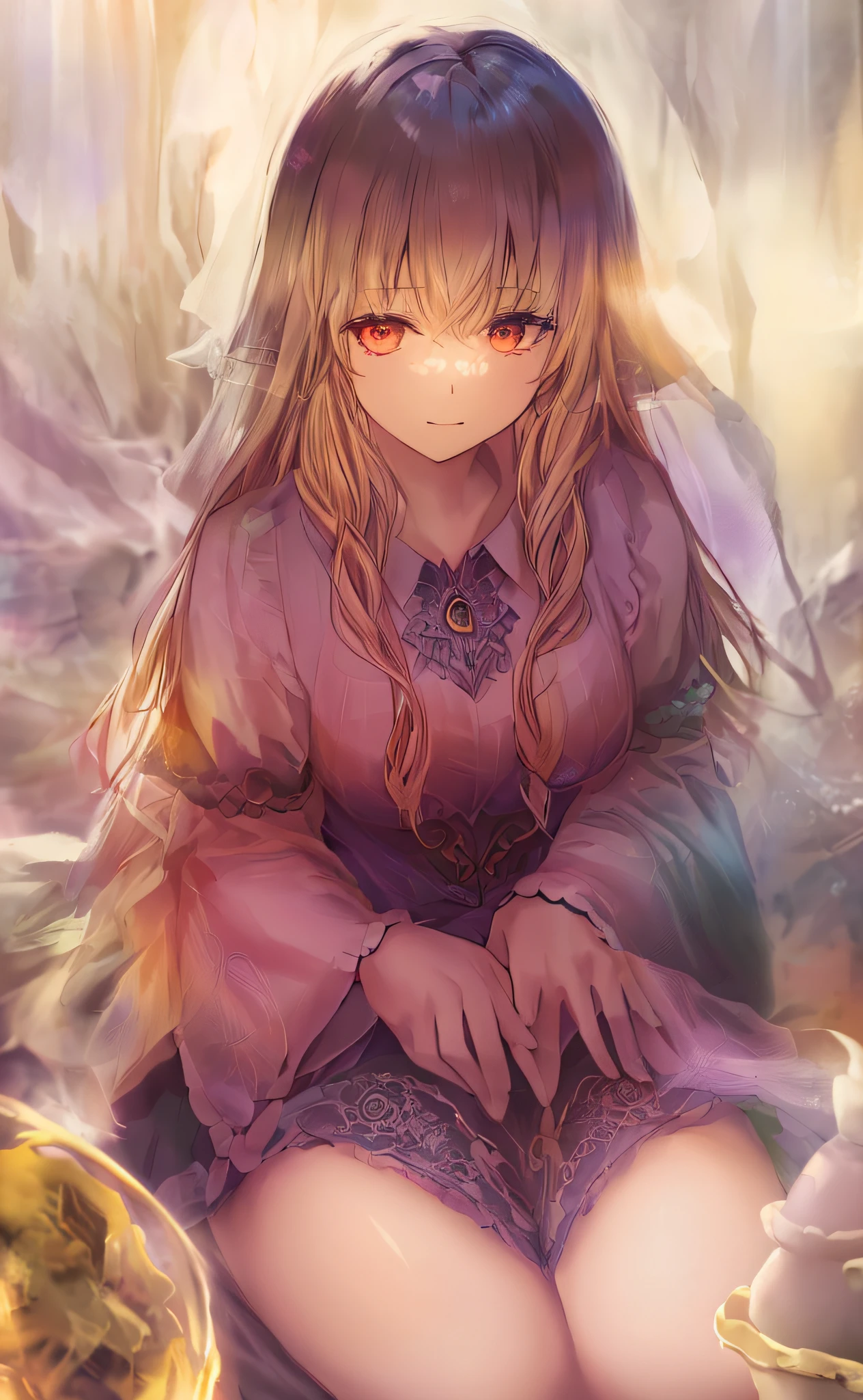 ((detailed illustration+high-quality), enchanting and captivating witch, in a captivating and enchanting dress, holds a mystical potion in a mysterious cave, surrounded by an enchanted and magical light, in an atmosphere shrouded in mystery.)