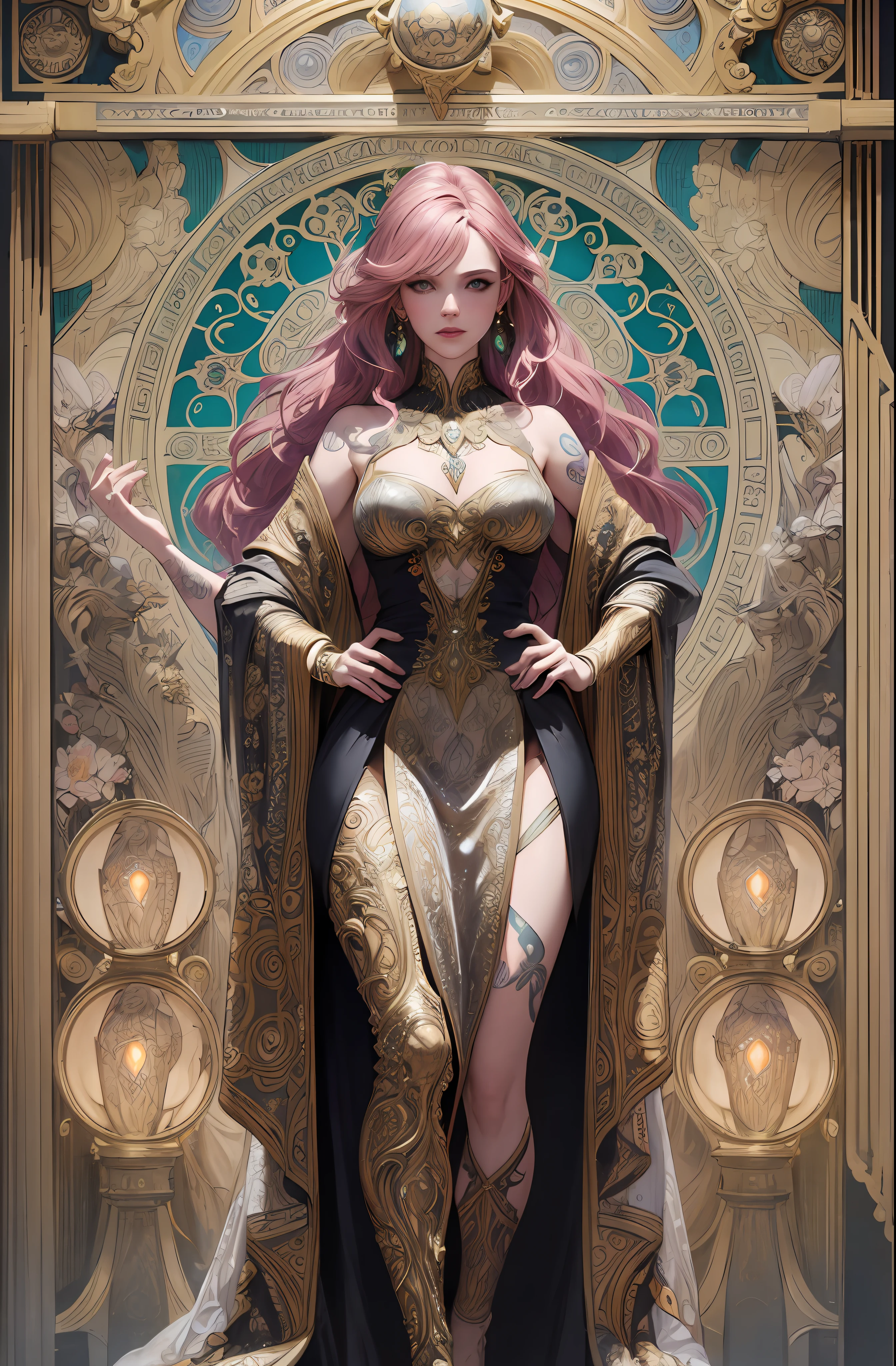 tattooed girl, full head head, full body length standing of a photorealistic beautiful woman, proportionate, intense coloration fantasy, light hair, a stunning realistic photograph 20 years , bubblegum pink colored hair, upper class fashion, random color eyes, full body, cover, dress design has fractal and tiling features, hyperdetailed painting, luminism, octane render, Bar lighting, complex, {{Martin Ansin}}, 8k resolution concept art portrait by Martina Fačková and Prywinko Art, Artgerm, WLOP, Alphonse Mucha, little fusion pojatti realistic steampunk, fractal isometrics details bioluminescence : hypereallistic cover photo awesome full color, hand drawn, dark, gritty, realistic mucha, klimt, davinci, erte .12k, intricate. hit definition , cinematic,Rough sketch, mix of bold dark lines and loose lines, bold lines, on paper , real life human, bold colors on dresses, {{{{Full body}}}}.