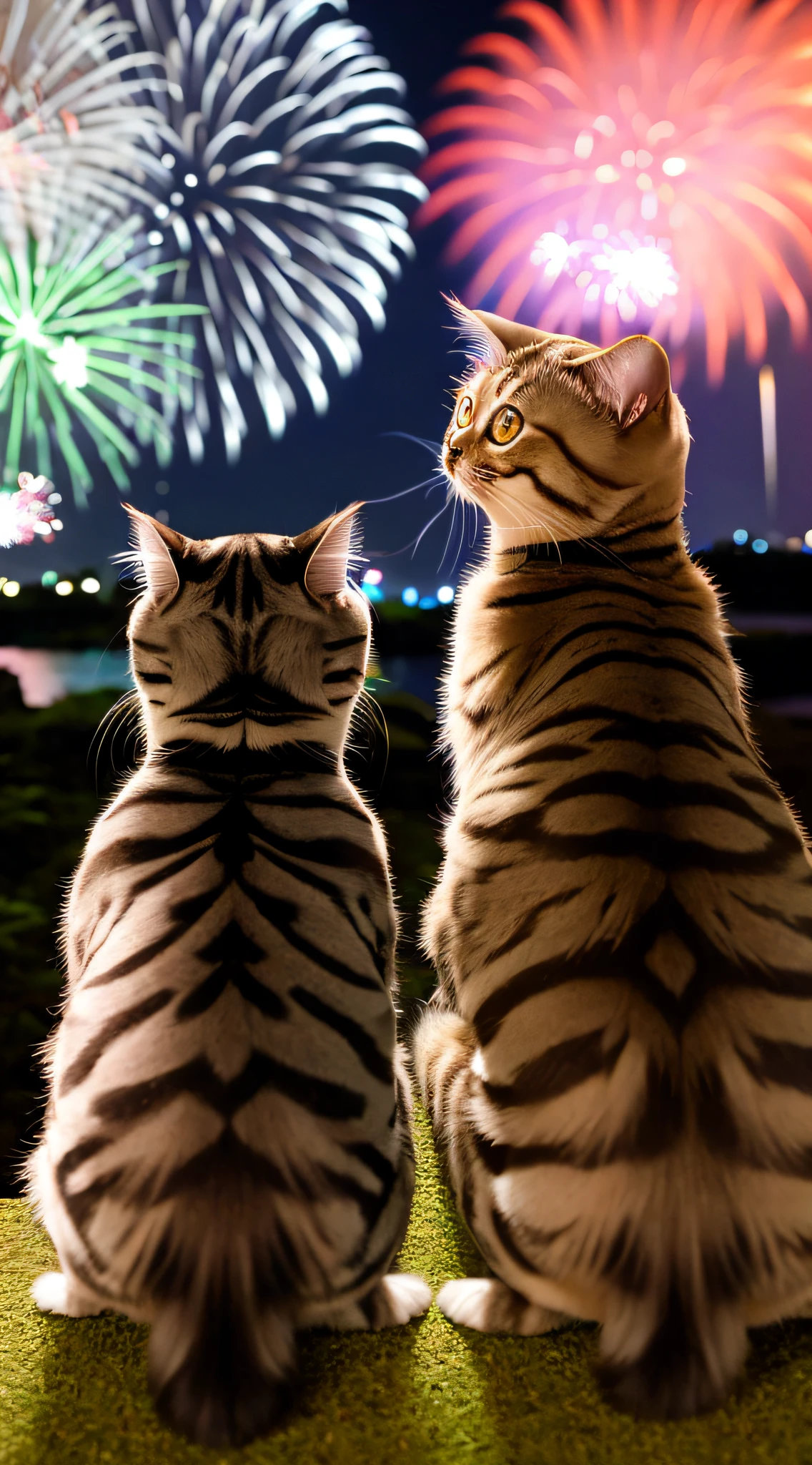 back View of two Scottish Folds watching fireworks Photo SLR camera 24mm