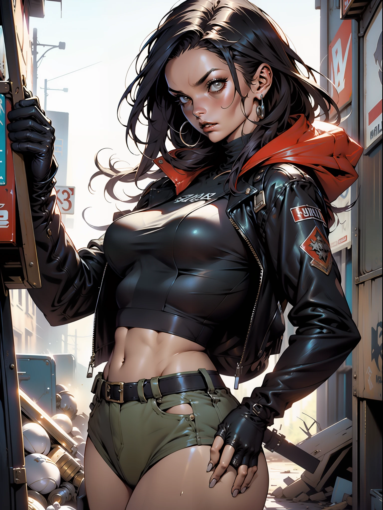 Uma guerreira mulher de 35 anos musculosa quase nua no estilo Simon Bisley para a capa da revista Heavy Metal, cabelo moicano colorido, Minimum clothing, Roupas de cores quentes e curtas,