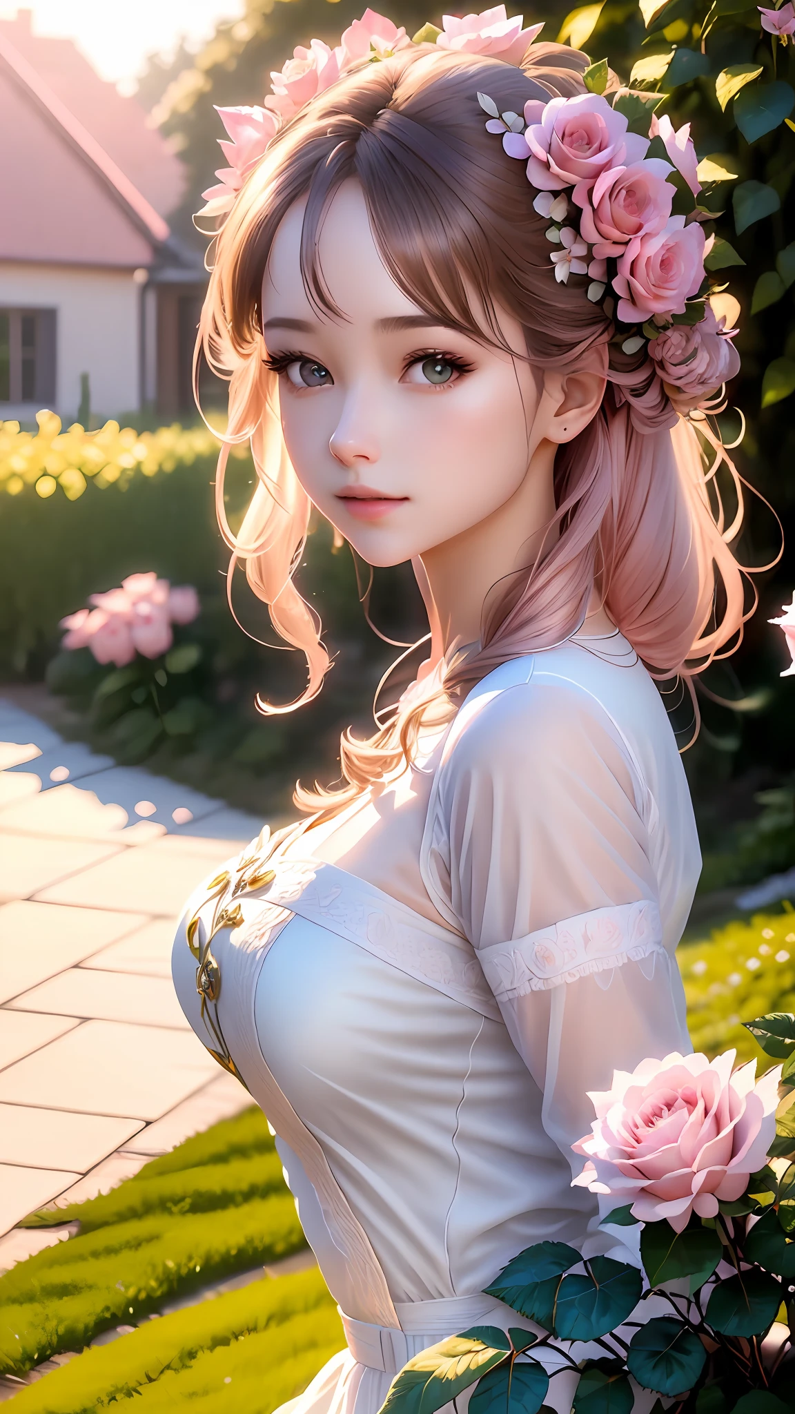 Professional photography, realistic, a clump of pink roses outside the house, beautiful and aesthetic, soft pink, beautiful beauty, roses in movie lights, lush flowers outdoors, nature and floral aesthetics, rose garden, roses, portal made of roses, beautiful images, roses, fantastic aesthetics, in a cottage core garden, pink golden hour, (masterpiece: 1.6, best quality), (fine detailed beautiful eyes: 1.2), (extremely detailed CG unity 8k wallpaper, masterpiece, super detailed, best shadows), (detailed background), high contrast, (best lighting, extremely refined and beautiful), ((color paint splash on transparent background, Dulux,)), ((caustic)), dynamic angles, beautiful details glowing, amazing, high detail, very detailed, beautiful, building shots, surrealism, Unreal Engine 5