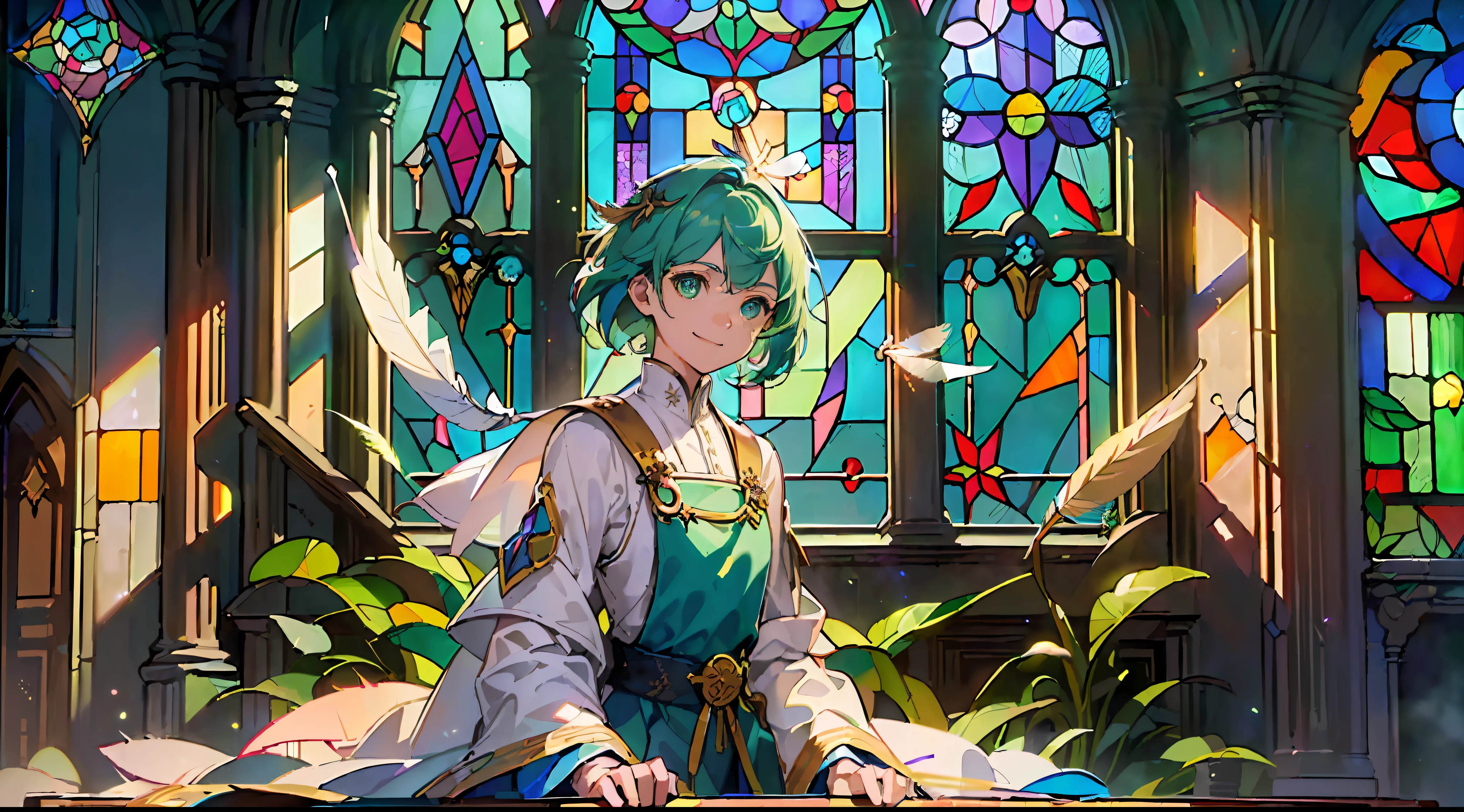 ((A masterpie:1.4、the highest quality))、((A masterpie、the highest quality))、(Churches:1.2)、(fragment:1.2)、(Stained glass:1.3)、Pillar、Sky cover、short green hair and big eyes,、Delicate hair、kind smile、(Particles of light)、(feather:1.3)、(Sunlight coming in through the window)、Bright atmosphere、(Behold:1.3)、cowboy Shot