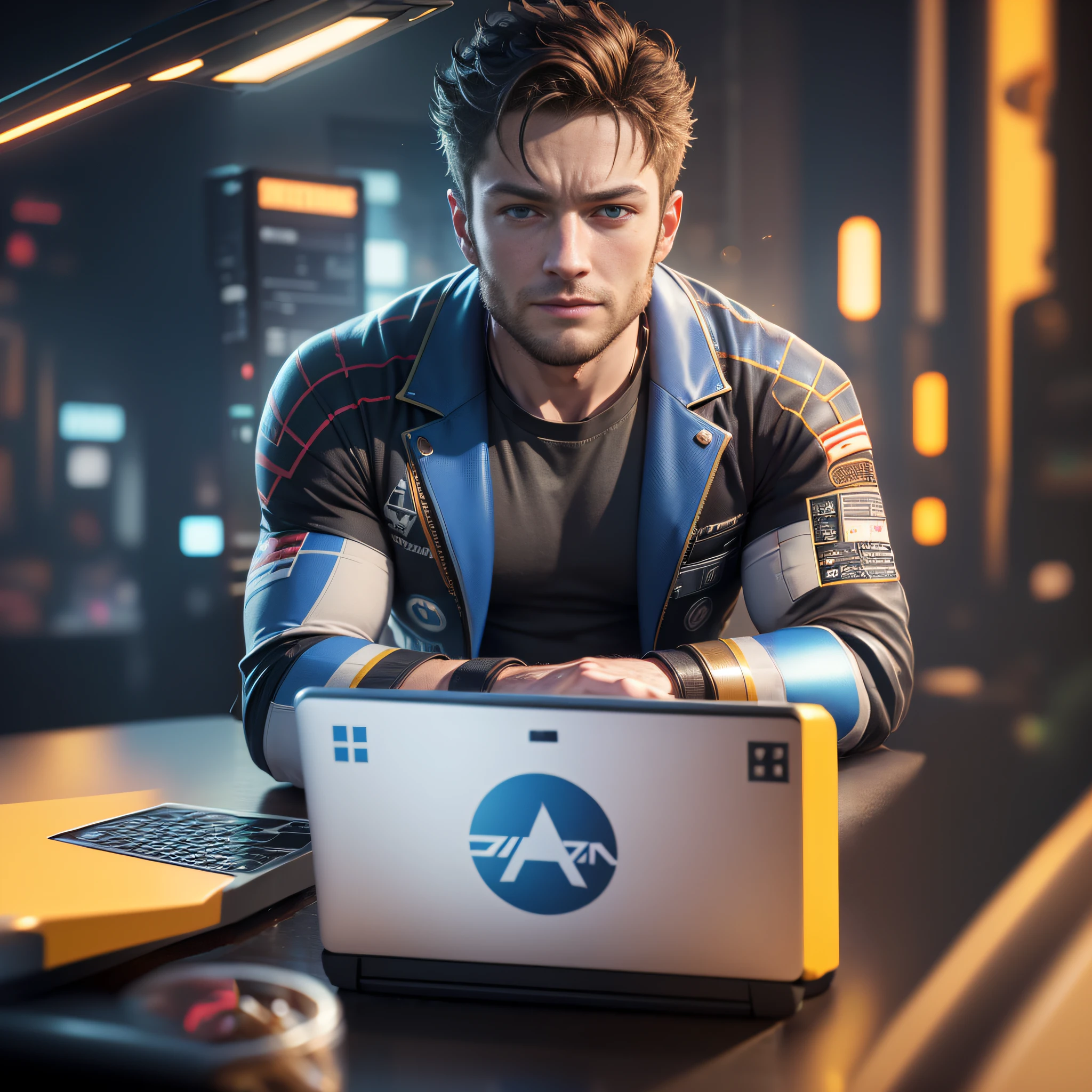 there is a man sitting at a table with a laptop, Anton Fadeev 8 K, inspirado em Adrian Zingg, arte cyberpunk ultrarrealista 8k, star citizen digital art, vestindo jaqueta cyberpunk 2 0 7 7, Feito em Unreal Engine 5, arte do personagem do motor irreal, 8k portrait render, star citizen origin 100i, 8 k cg render