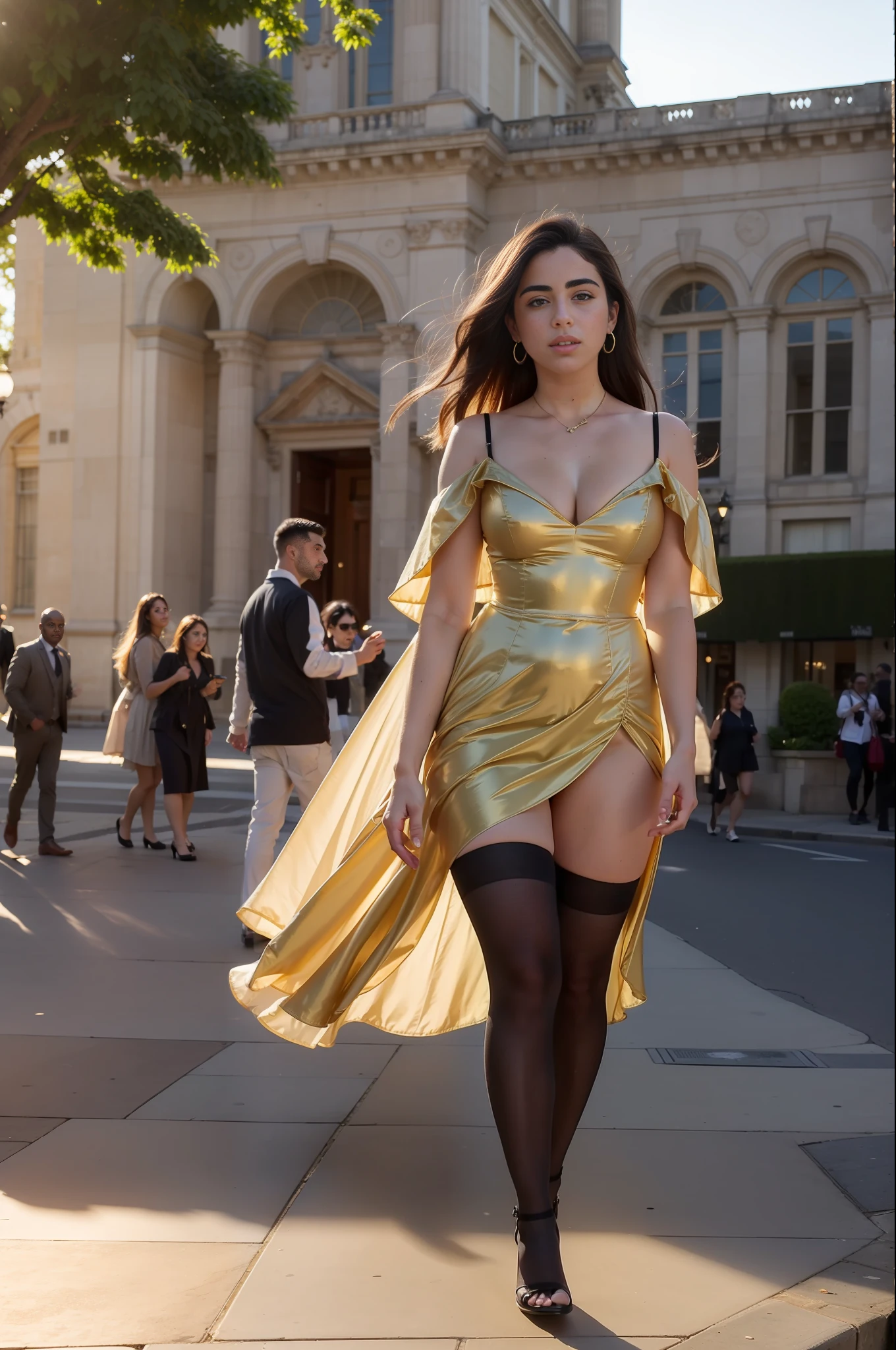 "((masterpiece)), best quality, sensual Victorian dress, happy and elegant Lauren Jauregui strolling through a lively city, wide shot, exciting scenery in the background, golden light, soft shadows."