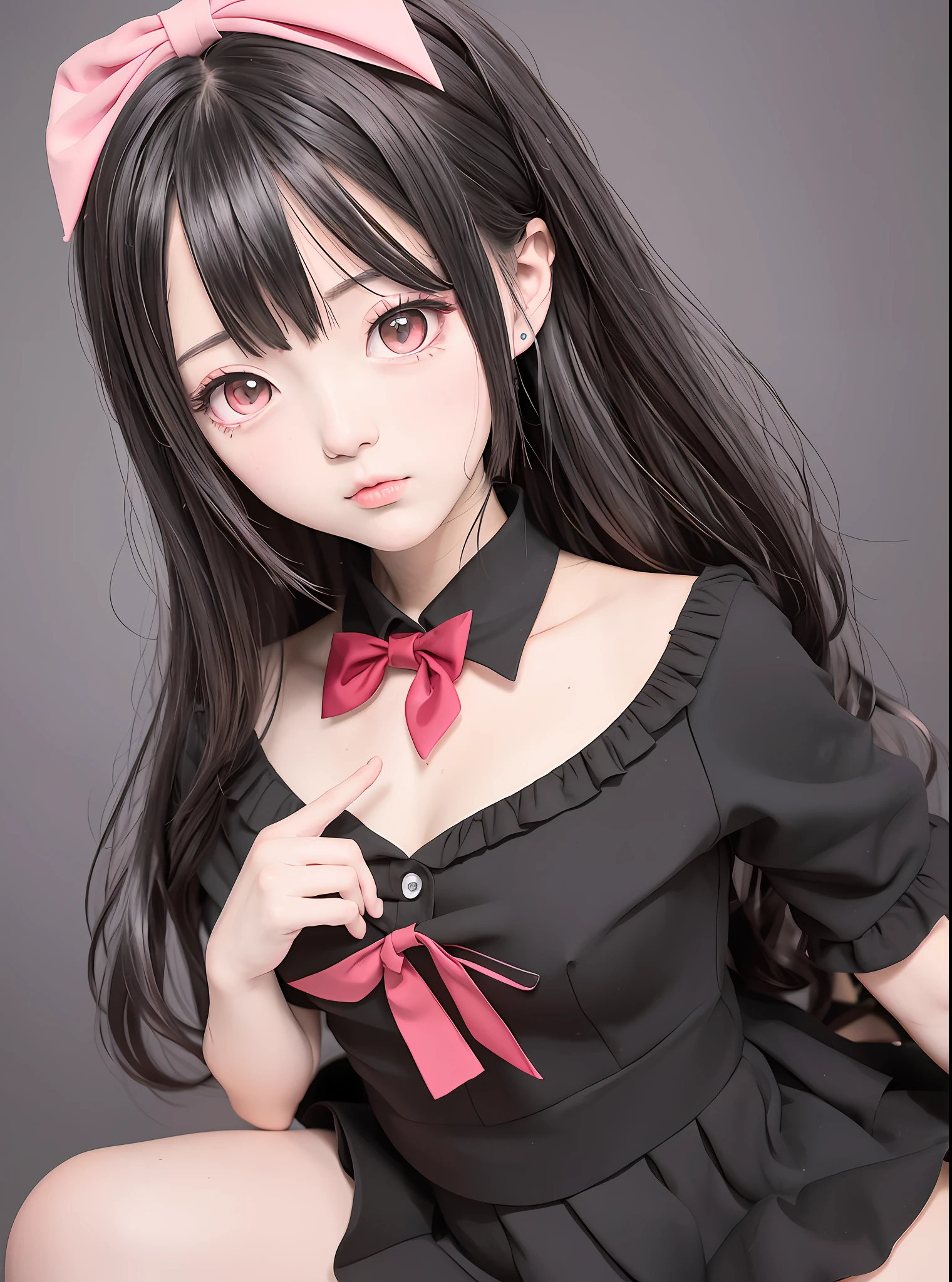 anime girl with black hair and a bow tie pointing at her finger, shikamimi, Anime Style, Anime girl, anime girl wearing a black dress, anime visual of a cute girl, Chiaki Nanami of Danganronpa, portrait of anime girl, marin kitagawa fanart, Anime girl pointing waifu black hair and bow tie, 1 7 - yyy - old anime goth girl, shikamimi, Anime girl, in anime style, anime girl wearing a black dress, anime visual of a cute girl, portrait of anime girl,