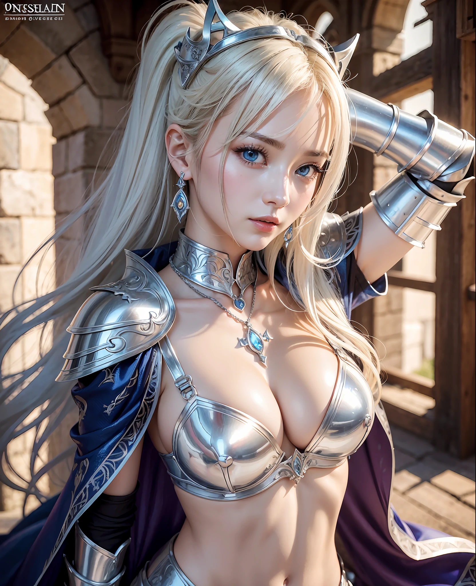 the highest quality, detailed image, colourful、, Vivid colors, (solo、、、, Detailed Face, flawless lighting, perfect shadows, perfect eyes, girl focus, perfect hair, perfect faces, gorgeous body), shiny body,Shiny big、Chest with presence、cleavage between breasts、Light wavy white blonde hair、Medieval knight、(Westerners)Silver armor with gorgeous decorations、underboob、helmet、sword、、Great sword、Inside an old castle with midnight cobblestones、Glossy skin、cloak、Dynamic Pose、Dynamic Actions、Too beautiful goddess of battle、necklace、Earring、Depth of subject、ponie tail、