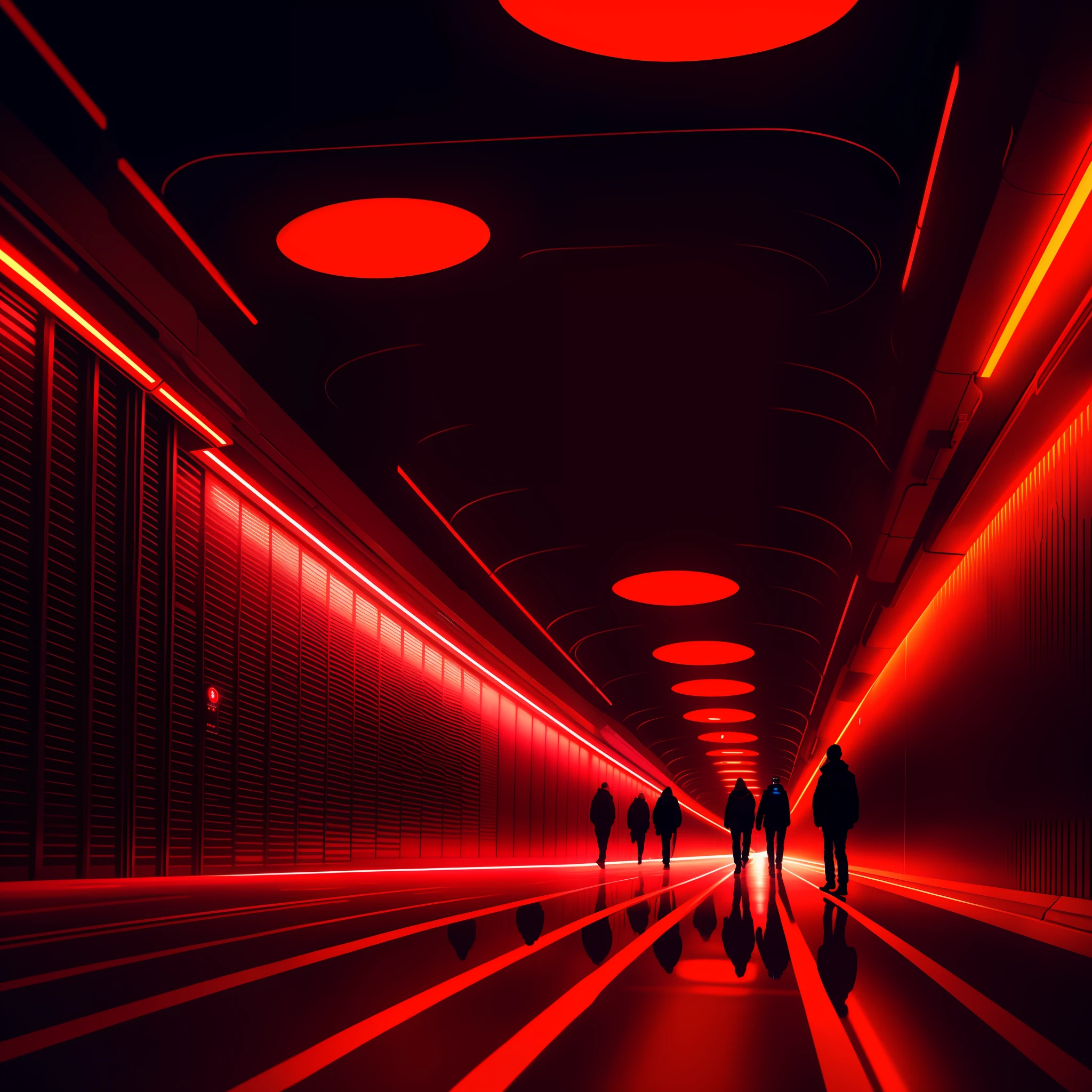 people walking in a tunnel with red lights and reflections, futuristic cyber subway station, cinematic beeple, em uma cidade cyberpunk futurista, futuristic cyberpunk scenario, arstation e bipe altamente, Direction: John La Gatta, futuristic hall, Beeple e Greg Rutkowski, red and cinematic lighting, style hybrid mix of beeple, em estilo de bipe