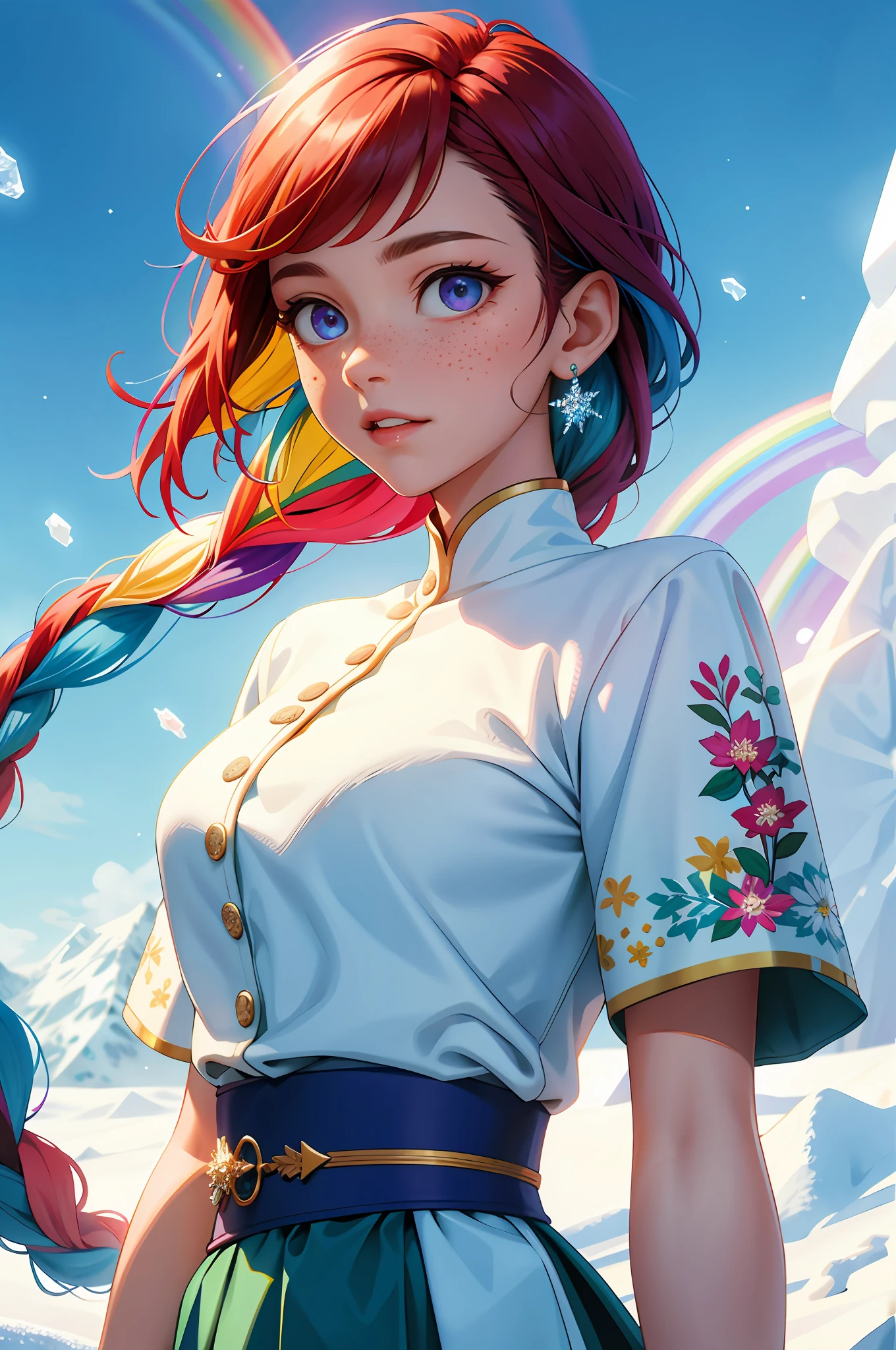 masterpiece, best quality, 1woman, upper body , freckled face, beautiful detailed eyes, perfect face, overhead view, amazing sharp focus, soft skin, braid hairstyle, multicolored rainbow hair, rainbow eyes, floral embroidery, fractal, swirls, sun flare, flash photography, floating particles, light, winter, frozen atmosphere, snow, ice, ice crystals, cold,