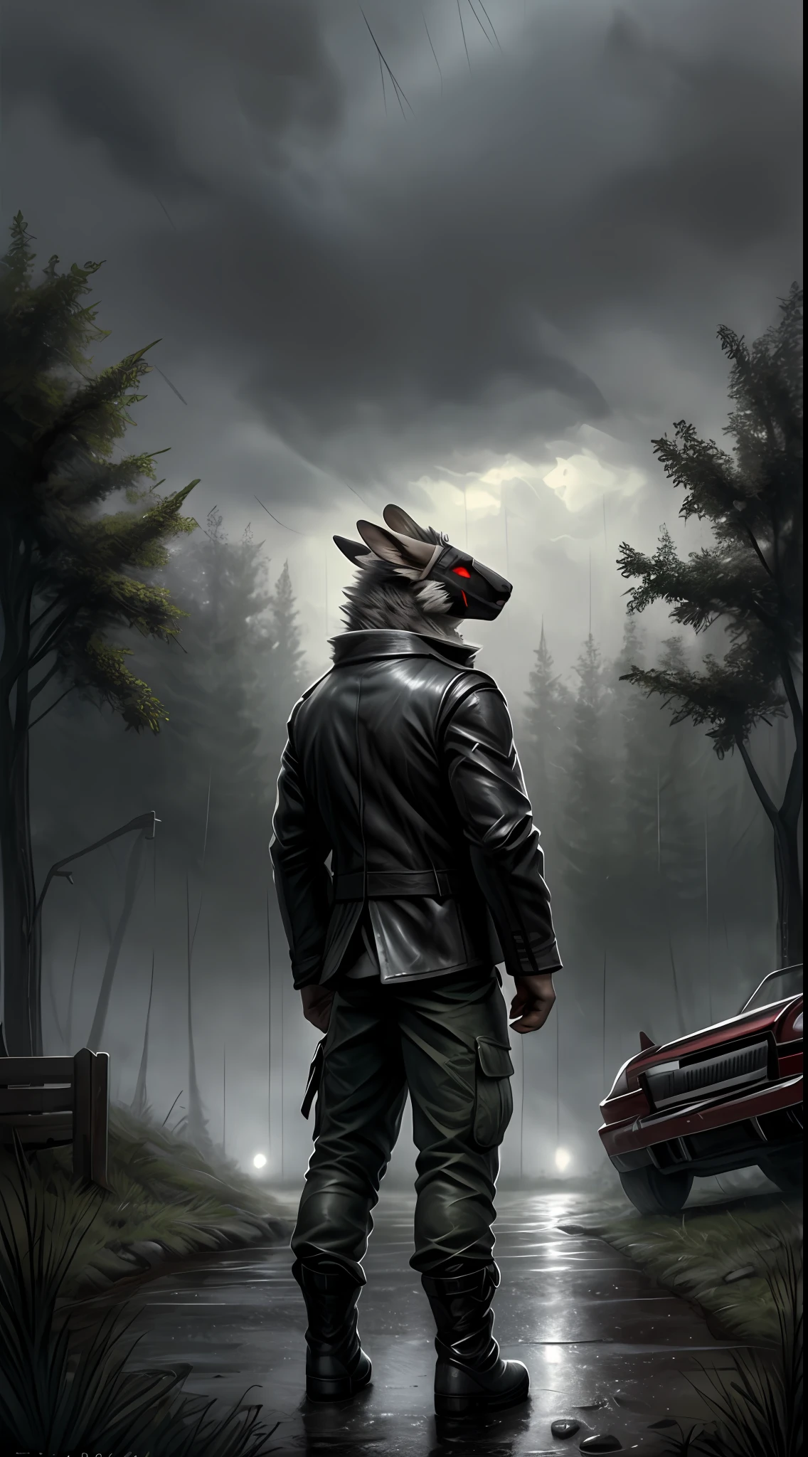 Protogen, standing next to a single withered brokwn car, silver fur, wearing leather boots, wearing green nam' jacket, exhausted posture, shoulders down, head lowered, back slightly bent forward,wearing black cargo trousers, standing in rain with his head down, male, arms to the side, casually standing, standing on a gravel path on the coumtryside, trees and grass around him, heavy rain, wet clothes, wet fur, silver fur, red eyes, weather very cloudy, heavy wind, fur blowing in the wind, detailed portrait, artist: taran_fiddler, e621.net post, simple lighting, masterpiece