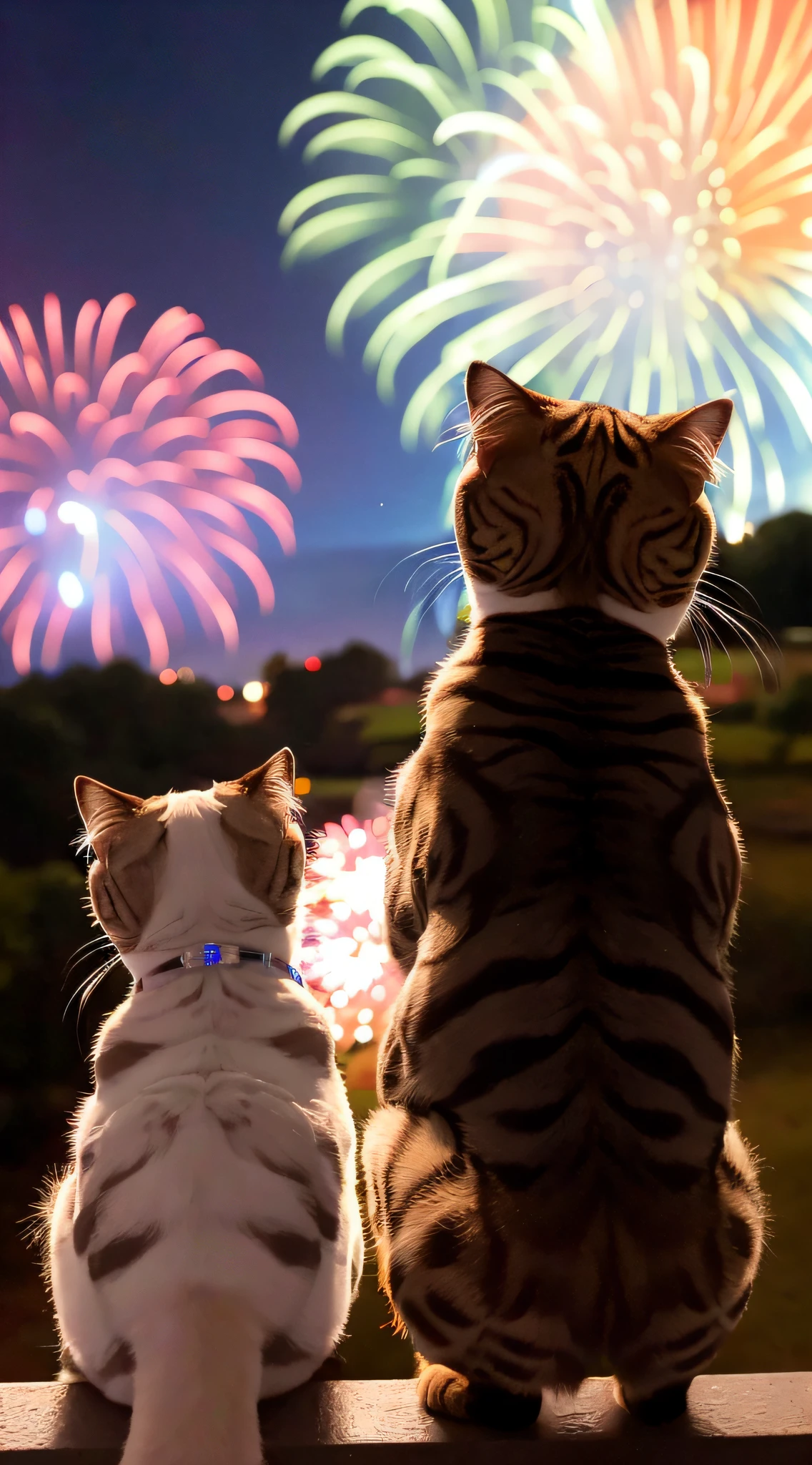 back View of two Scottish Folds watching fireworks Photo SLR camera 24mm