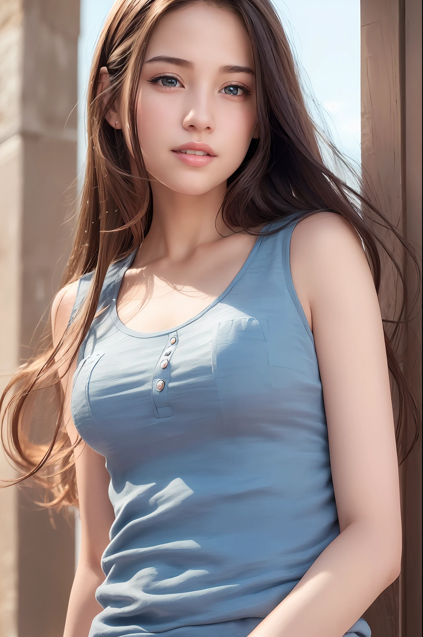 (8k, best quality, masterpiece:1.2), (realistic, photo-realistic:1.37), ultra-detailed, 1 girl,cute, solo,beautiful detailed sky,dating,(nose blush),(smile:1.15),(closed mouth) small breasts,beautiful detailed eyes, (long hair:1.2),floating hair NovaFrogStyle, upper body, tank top