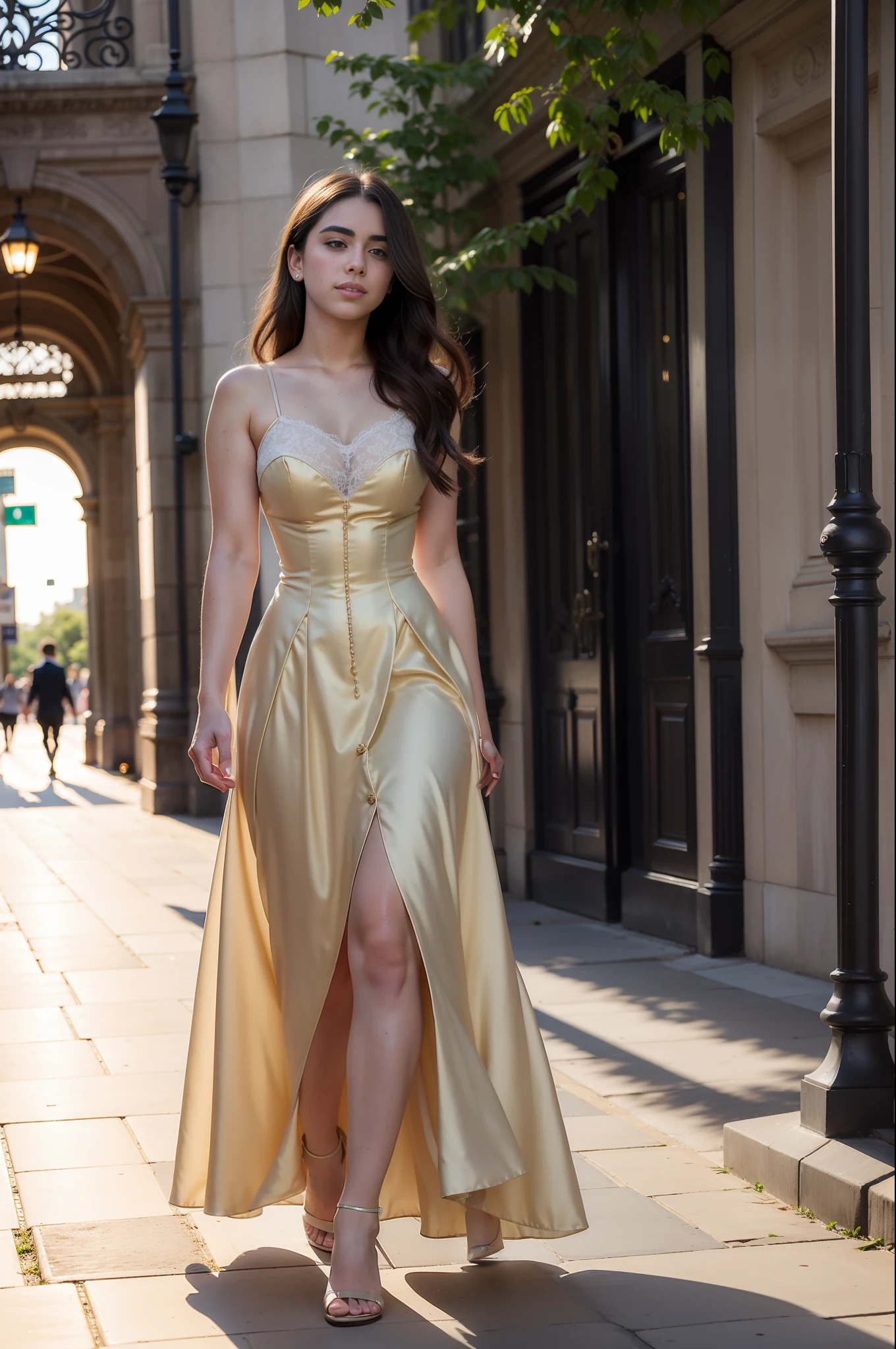 "((masterpiece)), best quality, sensual Victorian dress, happy and elegant Lauren Jauregui strolling through a lively city, wide shot, exciting scenery in the background, golden light, soft shadows."