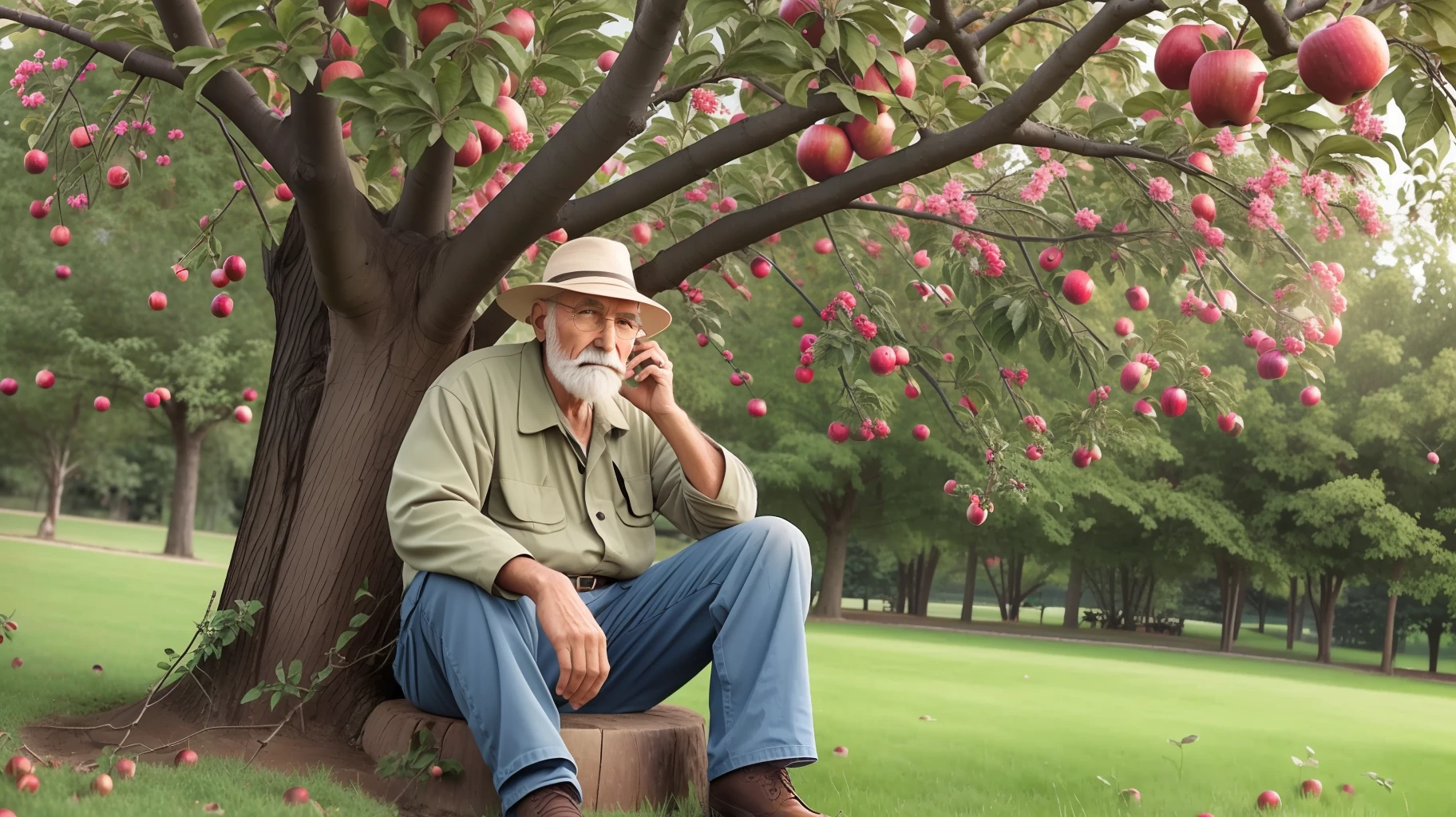 Old man sitting at the base of an apple tree --auto --s2