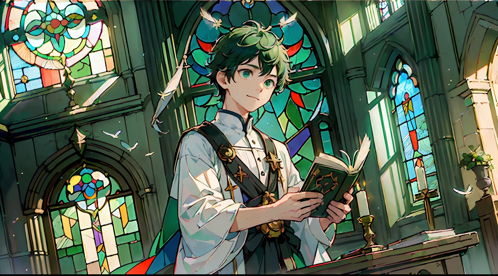 ((A masterpie:1.4、the highest quality))、((A masterpie、the highest quality))、(Churches:1.2)、(fragment:1.2)、(Stained glass:1.3)、Pillar、Sky cover、Izuku Midoriya、short green hair and big eyes、A boy、Delicate hair、kind smile、(Particles of light)、(feather:1.3)、(Sunlight coming in through the window)、Bright atmosphere、(Behold:1.3)、cowboy Shot