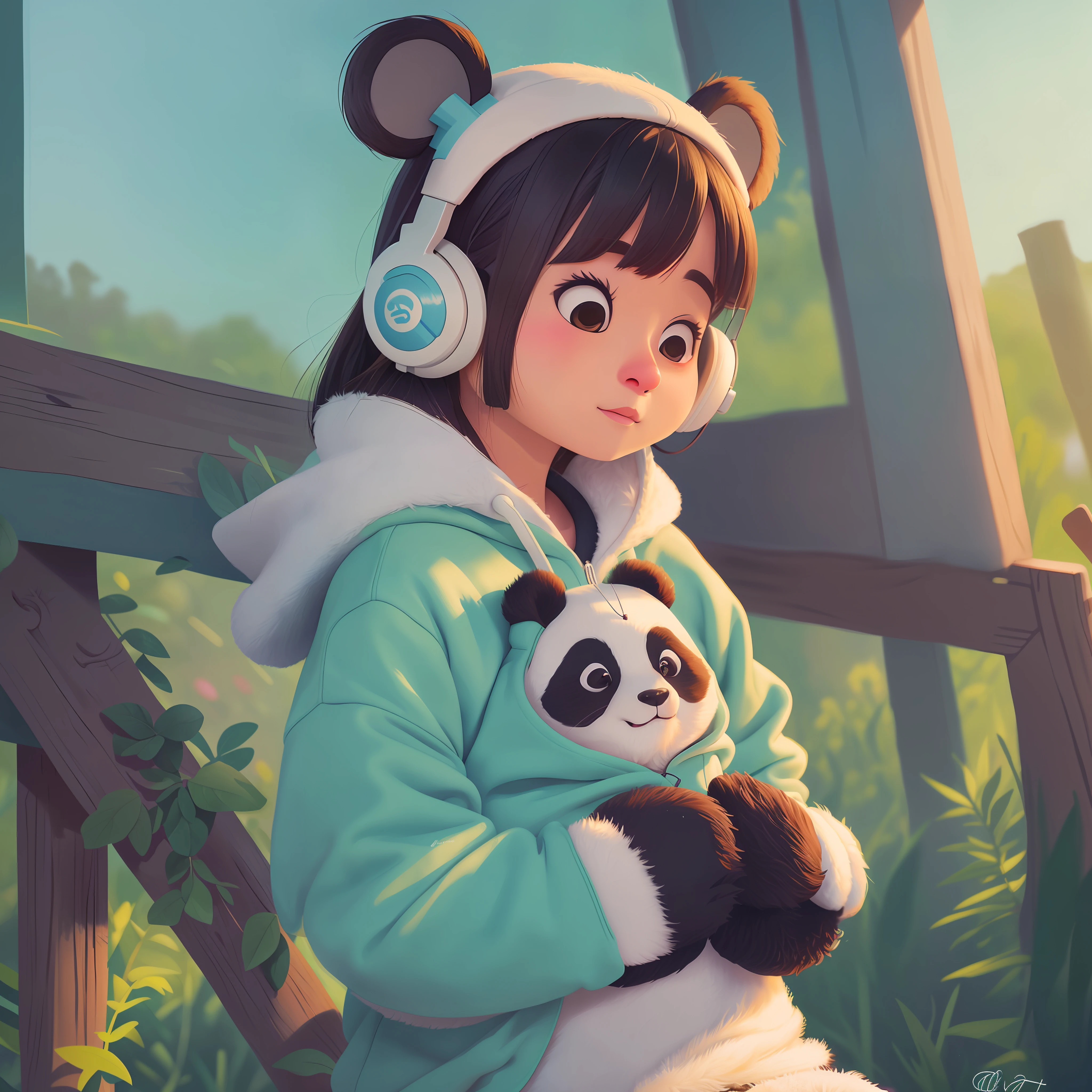 "Cute panda, with stylized features and lots of details, wearing a sweatshirt and wearing headphones, enjoying the sunset."