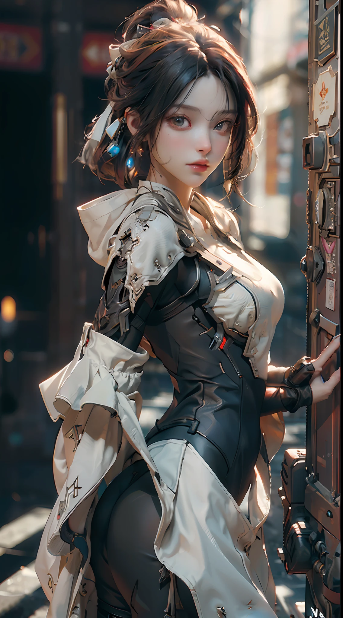 ((Best quality)), ((masterpiece)), (detailed:1.4), 3D, an image of a beautiful cyberpunk female,HDR (High Dynamic Range),Ray Tracing,NVIDIA RTX,Super-Resolution,Unreal 5,Subsurface scattering,PBR Texturing,Post-processing,Anisotropic Filtering,Depth-of-field,Maximum clarity and sharpness,Multi-layered textures,Albedo and Specular maps,Surface shading,Accurate simulation of light-material interaction,Perfect proportions,Octane Render,Two-tone lighting,Wide aperture,Low ISO,White balance,Rule of thirds,8K RAW,