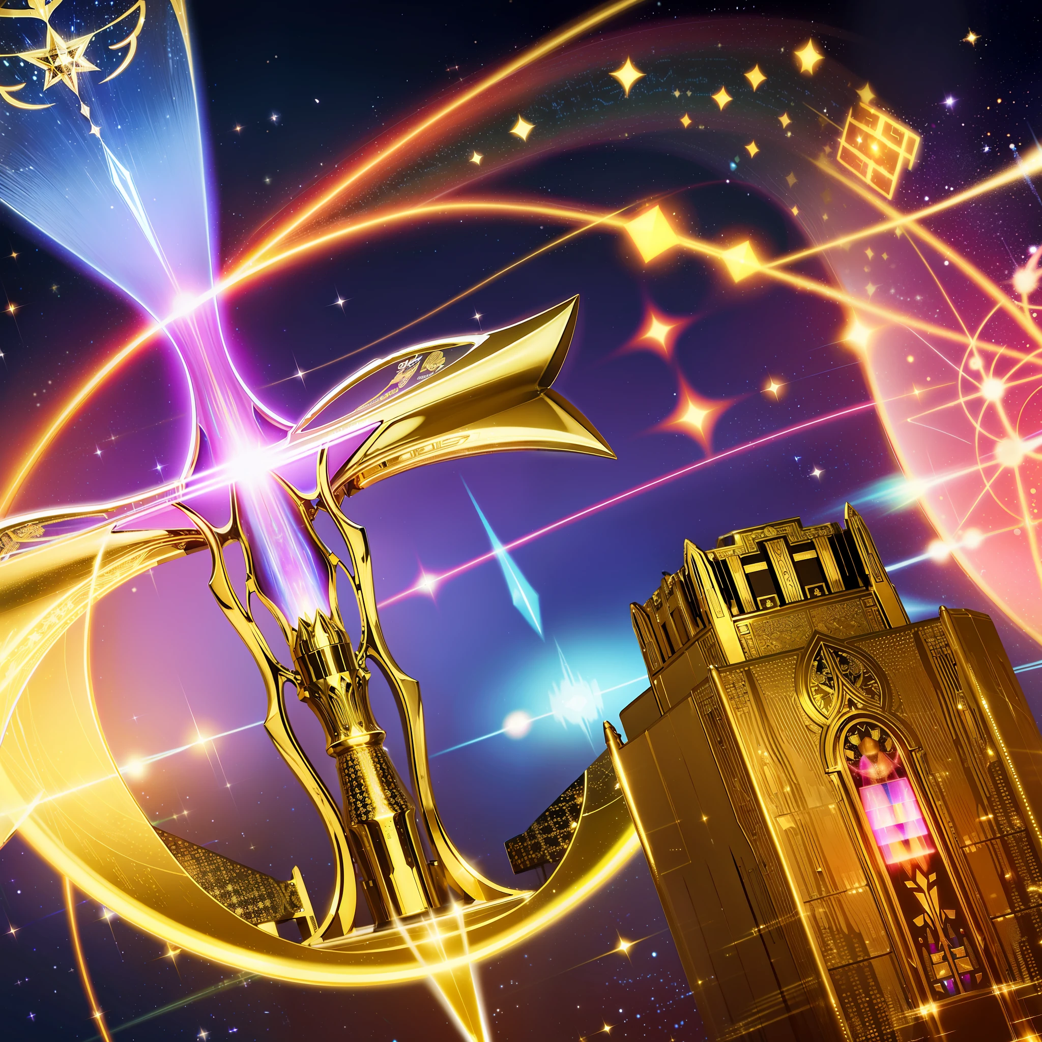 super high definition。The metropolis of the future。cosmic。Sacred geometric pattern。Shining golden aura。Glossy and intricate design。Crystal Merkaba emitting iridescent laser light。