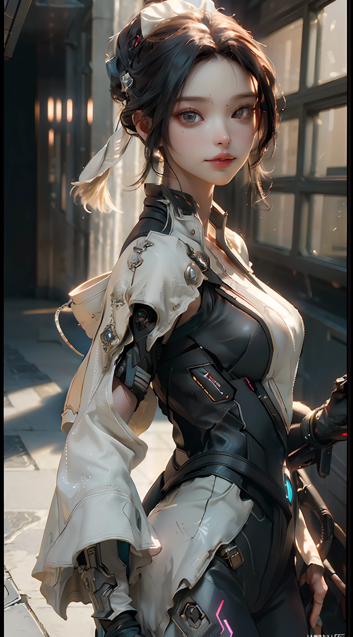 ((Best quality)), ((masterpiece)), (detailed:1.4), 3D, an image of a beautiful cyberpunk female,HDR (High Dynamic Range),Ray Tracing,NVIDIA RTX,Super-Resolution,Unreal 5,Subsurface scattering,PBR Texturing,Post-processing,Anisotropic Filtering,Depth-of-field,Maximum clarity and sharpness,Multi-layered textures,Albedo and Specular maps,Surface shading,Accurate simulation of light-material interaction,Perfect proportions,Octane Render,Two-tone lighting,Wide aperture,Low ISO,White balance,Rule of thirds,8K RAW,