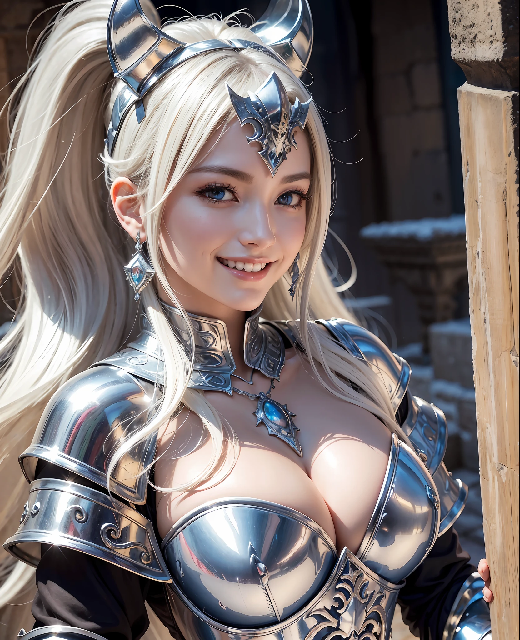 the highest quality, detailed image, colourful、, Vivid colors, (solo、、、、, Detailed Face, flawless lighting, perfect shadows, perfect eyes, girl focus, perfect hair, perfect faces, gorgeous body),  shiny body,Shiny big、Chest with presence、cleavage between breasts、Light wavy white blonde hair、Medieval knight、（Westerners）Silver armor with gorgeous decorations、underboob、helmet、sword、、Great sword、Inside an old castle with midnight cobblestones、Glossy skin、cloak、Dynamic Pose、Dynamic Actions、Too beautiful goddess of battle、necklace、Earring、Depth of subject、ponie tail、bust up、open lips, Upper teeth, (smiling eyes:0.6), ((Grinning:1.2))
