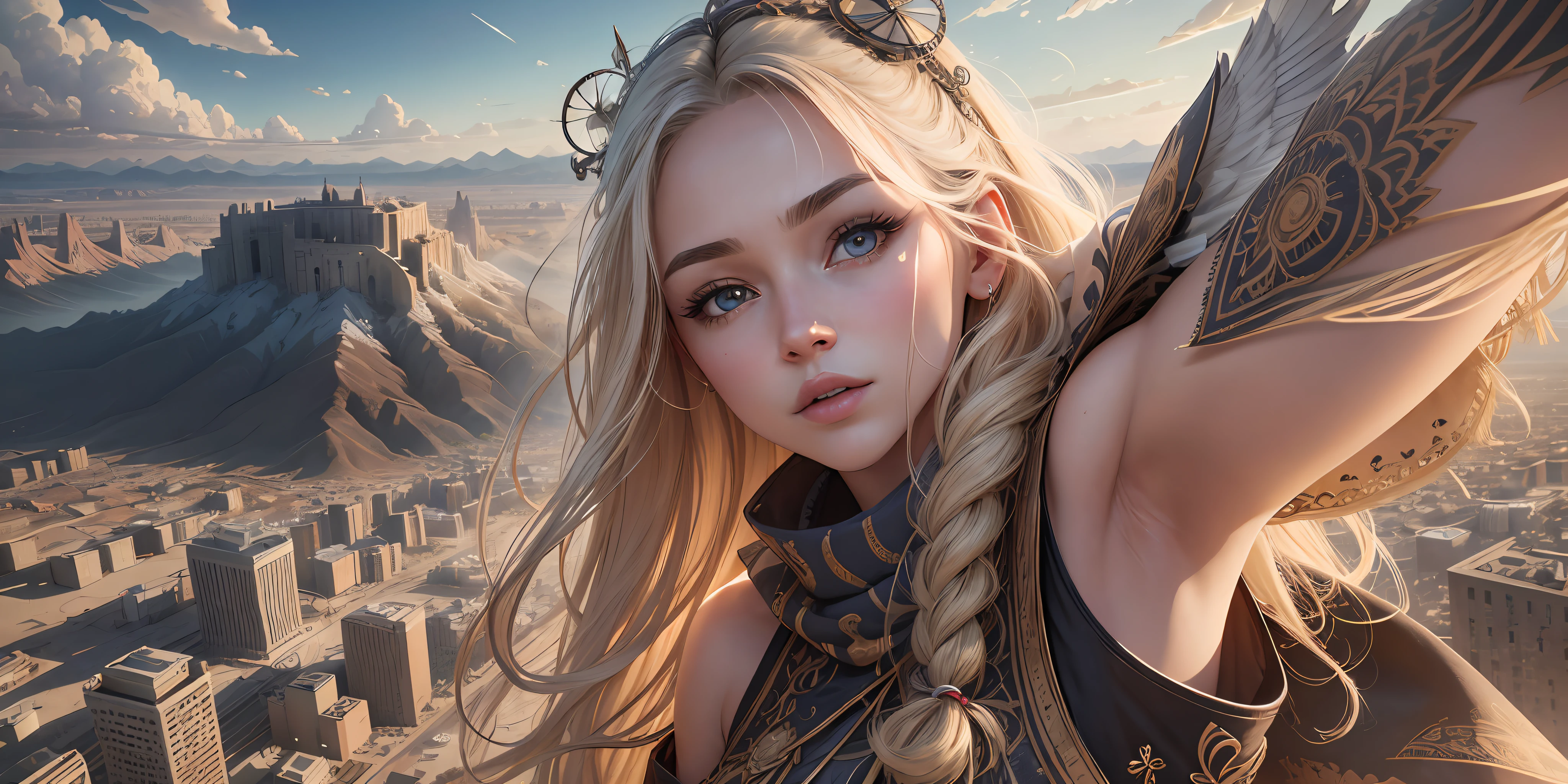 a beautiful girl perfect face (realistic, intricate) detailed, masterpiece, that (ultra detailed), (realistic), hair detailed strand by strand, long and blonde swayed by the winds, taking a selfie with a city in the background in the sky an eagle coming flying, grandiose city, (surreal) ancient in ruins in the desert seen from the top of a mountain, realistic, ((ultra detailed)), , realistic image, high details, high resolution, 8k, Full HD, high-quality: : dof base model (AbsoluteReality) 8k, rtx, - -upscale --auto --s2