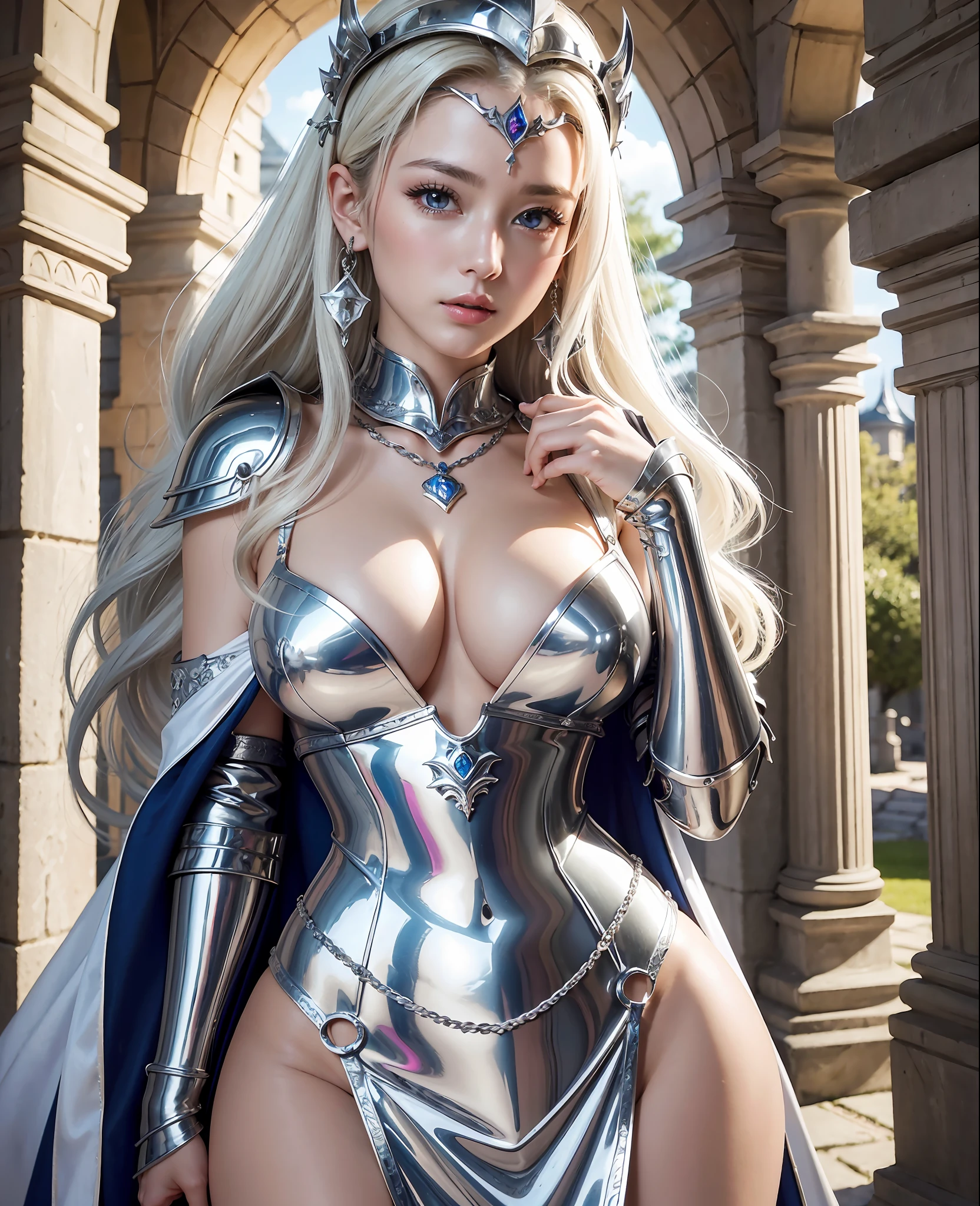 the highest quality, detailed image, colourful、, Vivid colors, (solo、、、、, Detailed Face, flawless lighting, perfect shadows, perfect eyes, girl focus, perfect hair, perfect faces, gorgeous body),  shiny body,Shiny big、Chest with presence、cleavage between breasts、Light wavy white blonde hair、Medieval knight、（Westerners）Silver armor with gorgeous decorations、underboob、helmet、sword、、Great sword、Inside an old castle with midnight cobblestones、Glossy skin、cloak、Dynamic Pose、Dynamic Actions、Too beautiful goddess of battle、necklace、Earring、Depth of subject、ponie tail、