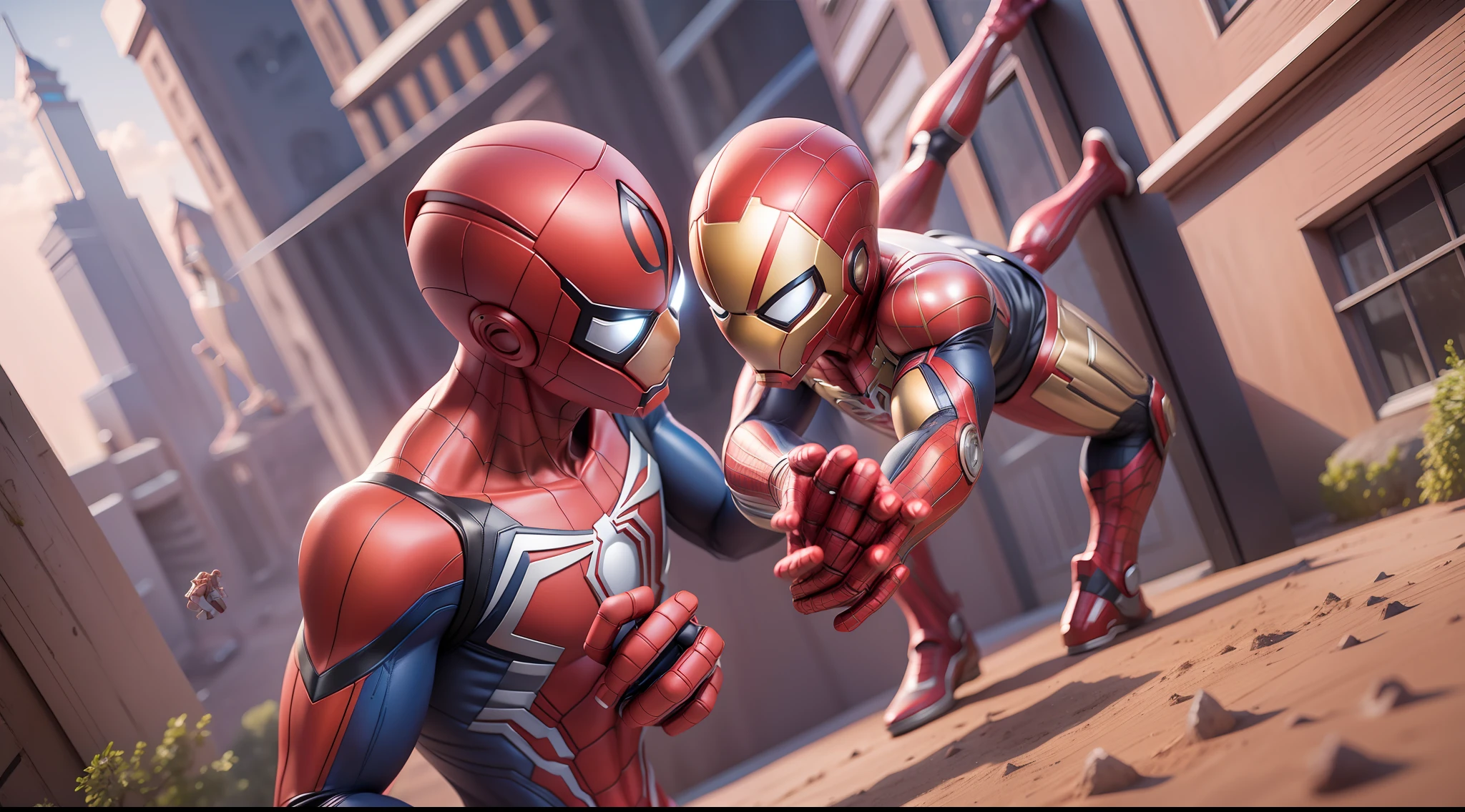 A Spider-Man, an Iron Man, two people acting together in the universe, Marvel Q version, 3D gorgeous