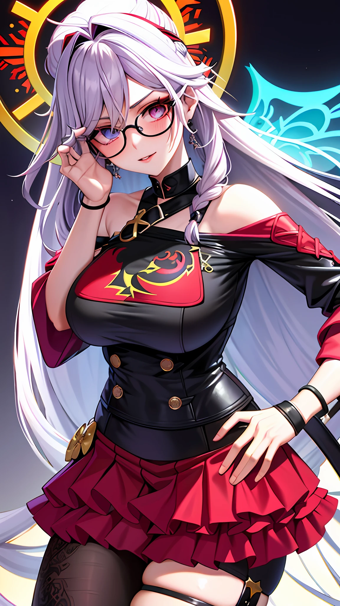 Cabelo longo roxo, Coroa de flores, round glasses black, heterocromia roxo vermelho, feminina, pele branco, colar preto, quimono azul claro, Hanafuda, sexy, big boobs,