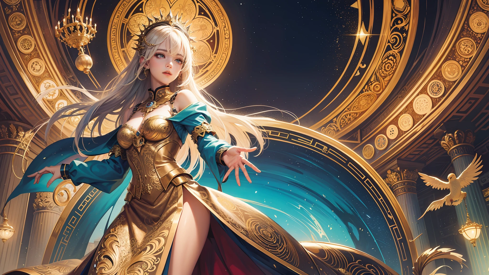 PerfectNwsjMajic,(masterpiece, top quality, best quality, official art, beautiful and aesthetic:1.2), (1girl), extreme detailed,colorful,highest detailed, official art, unity 8k wallpaper, ultra detailed, beautiful and aesthetic, beautiful, masterpiece, best quality, (zentangle, mandala, tangle, entangle) ,holy light,gold foil,gold leaf art,glitter drawing,