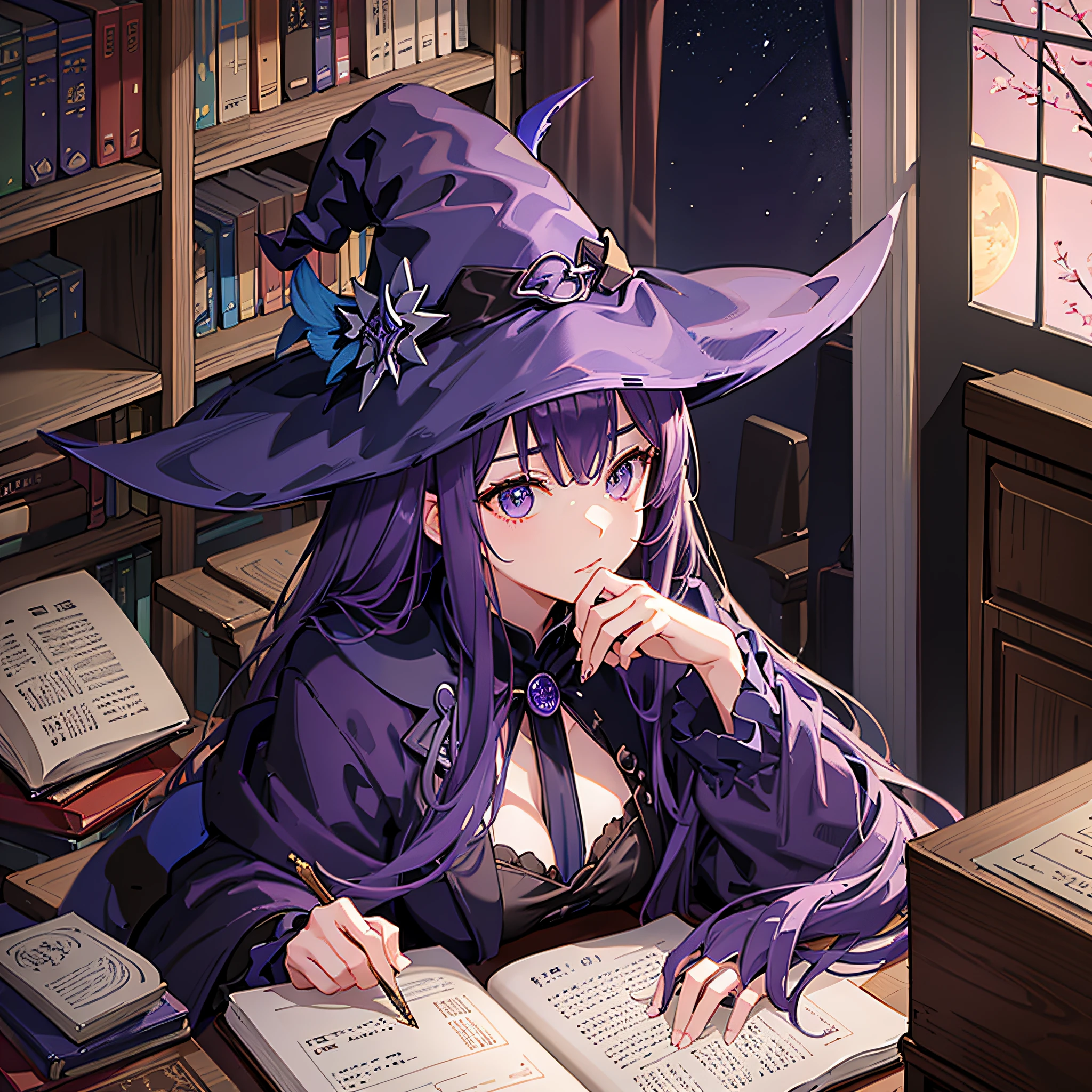 NIGHT、In a room with piles of documents illuminated by moonlight、There is a cool witch sitting in a chair with long purple hair reading a book。 --auto --s2