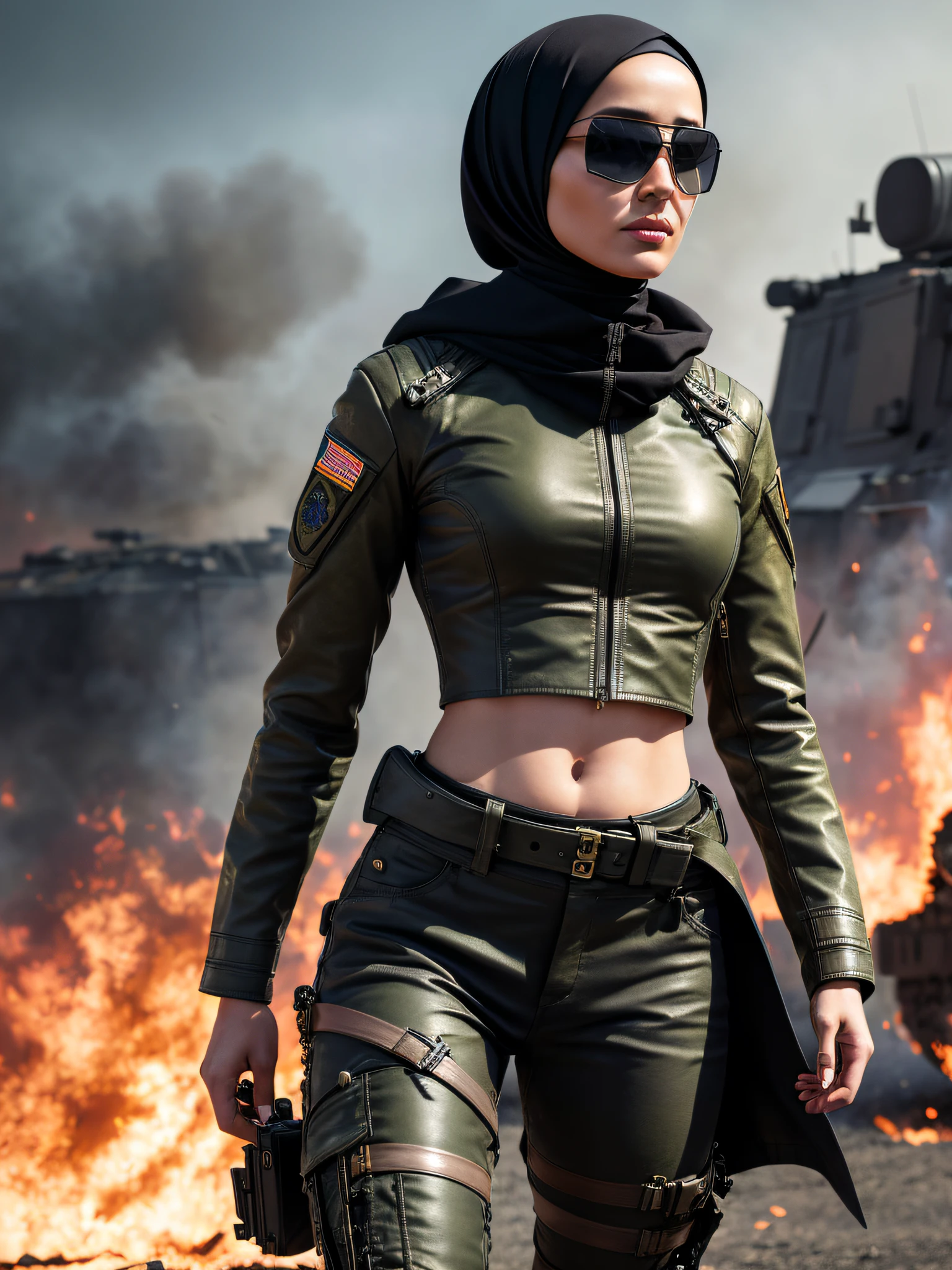 photorealistic, ultra realistic,3D, artstation, cgsociety, 8 k, award winning photography of a beautiful woman walking battle front, (fashion military warrior), (hijab), cheekbones, detailed face, Bejeweled, a nice long leather jacket, straps, torn camo pants, torn clothes, (exquisitely detailed skin, perfect anatomy, wide hips, smooth midriff, thigh gap), military tactical glasses colorful, vibrant battlefield background fire explosions military vehicles