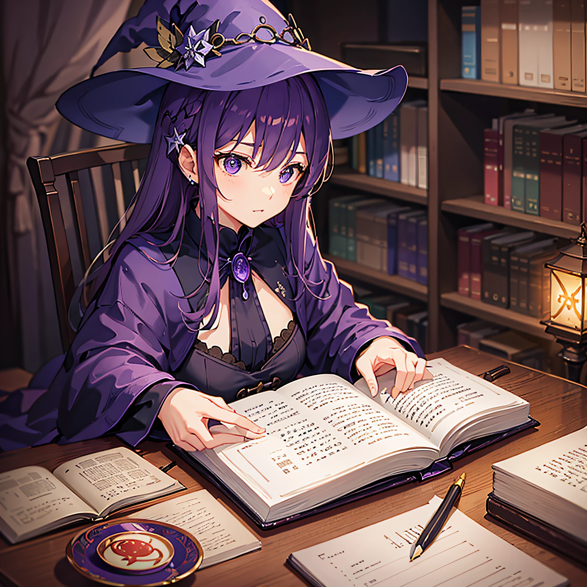 NIGHT、In a room with piles of documents illuminated by moonlight、There is a cool witch sitting in a chair with long purple hair reading a book。 --auto --s2