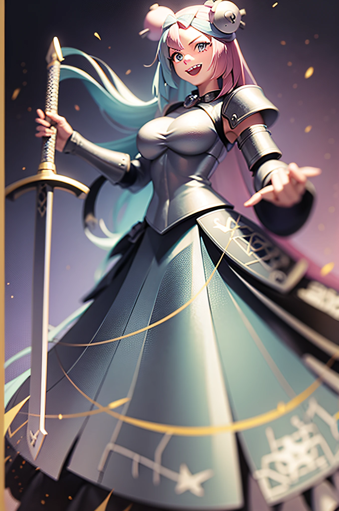 iono, full armor , long plate skirt, knight, vest, sword holding medium breast, open mouth smile, full body, fangs, long skirt, open mouth ,smile