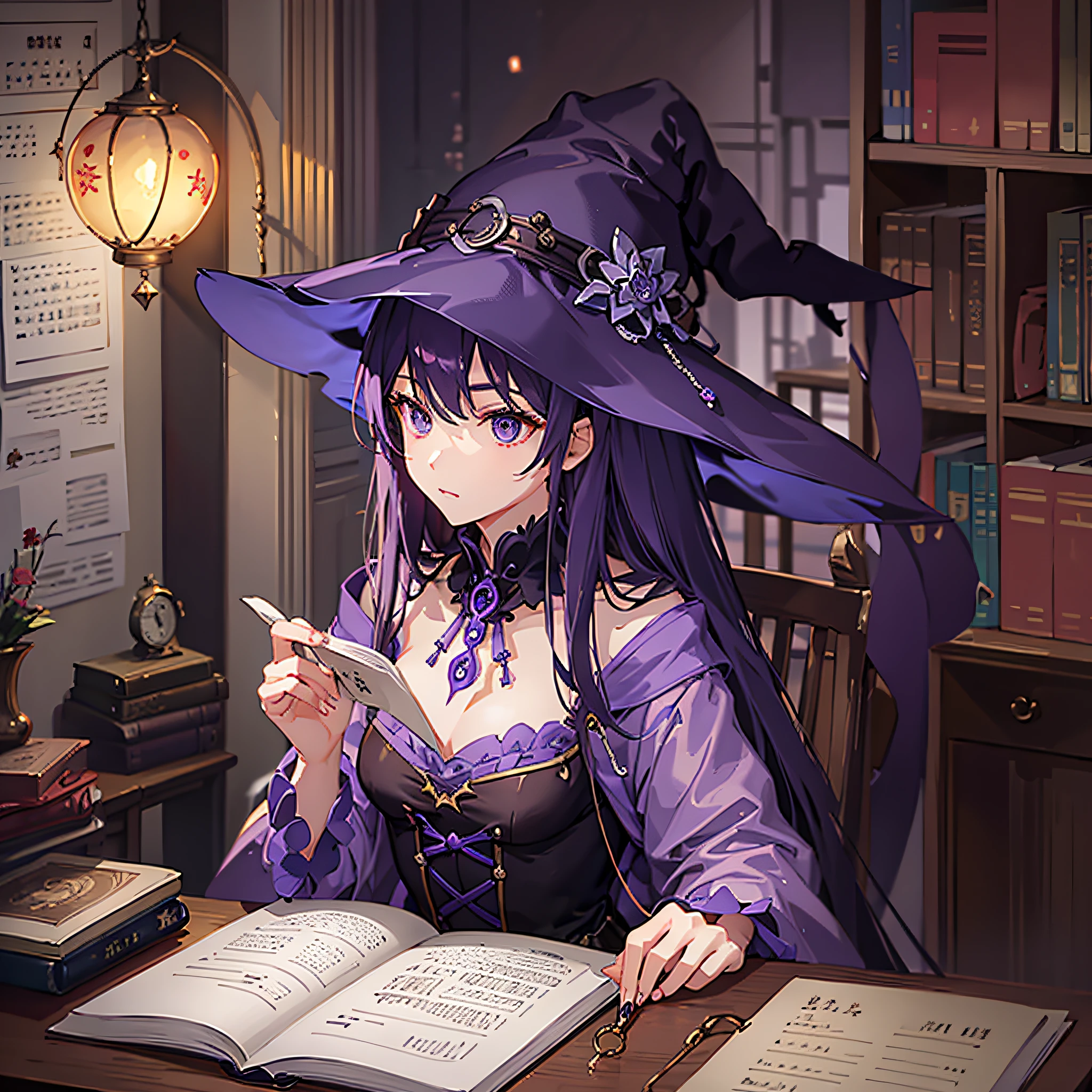 NIGHT、In a room with piles of documents illuminated by moonlight、There is a cool witch sitting in a chair with long purple hair reading a book。 --auto --s2