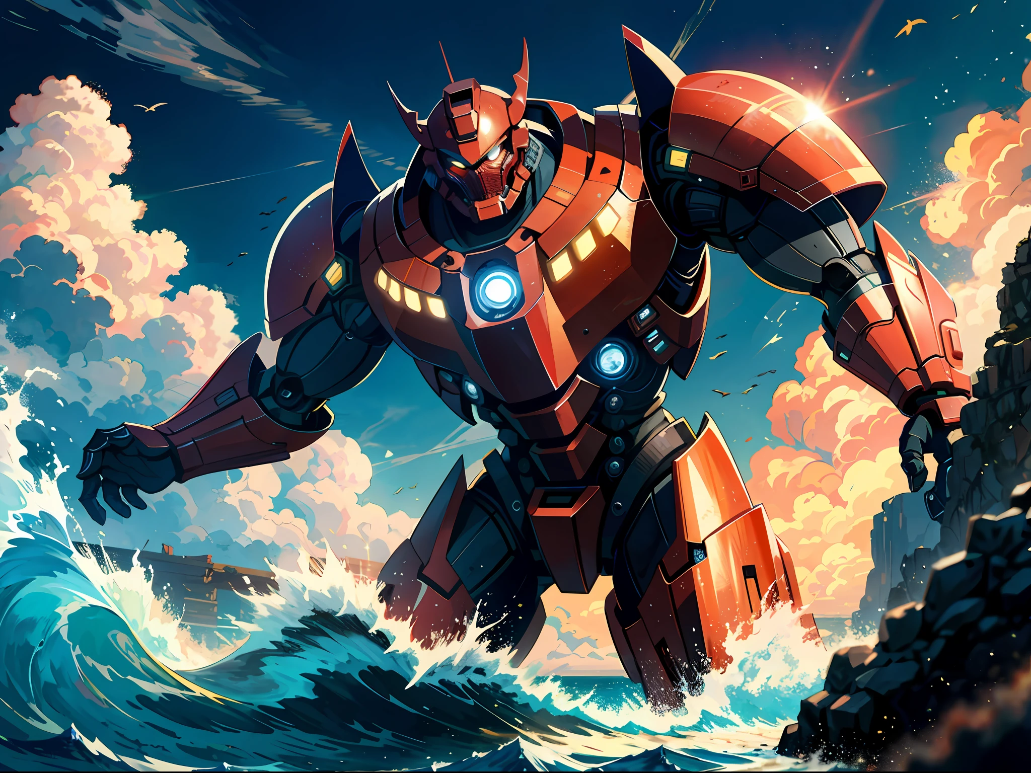 High resolution, highest quality, illustrations, super detail, a mighty and domineering red giant mech, Pacific Rim, a monster, is fighting fiercely on the sea