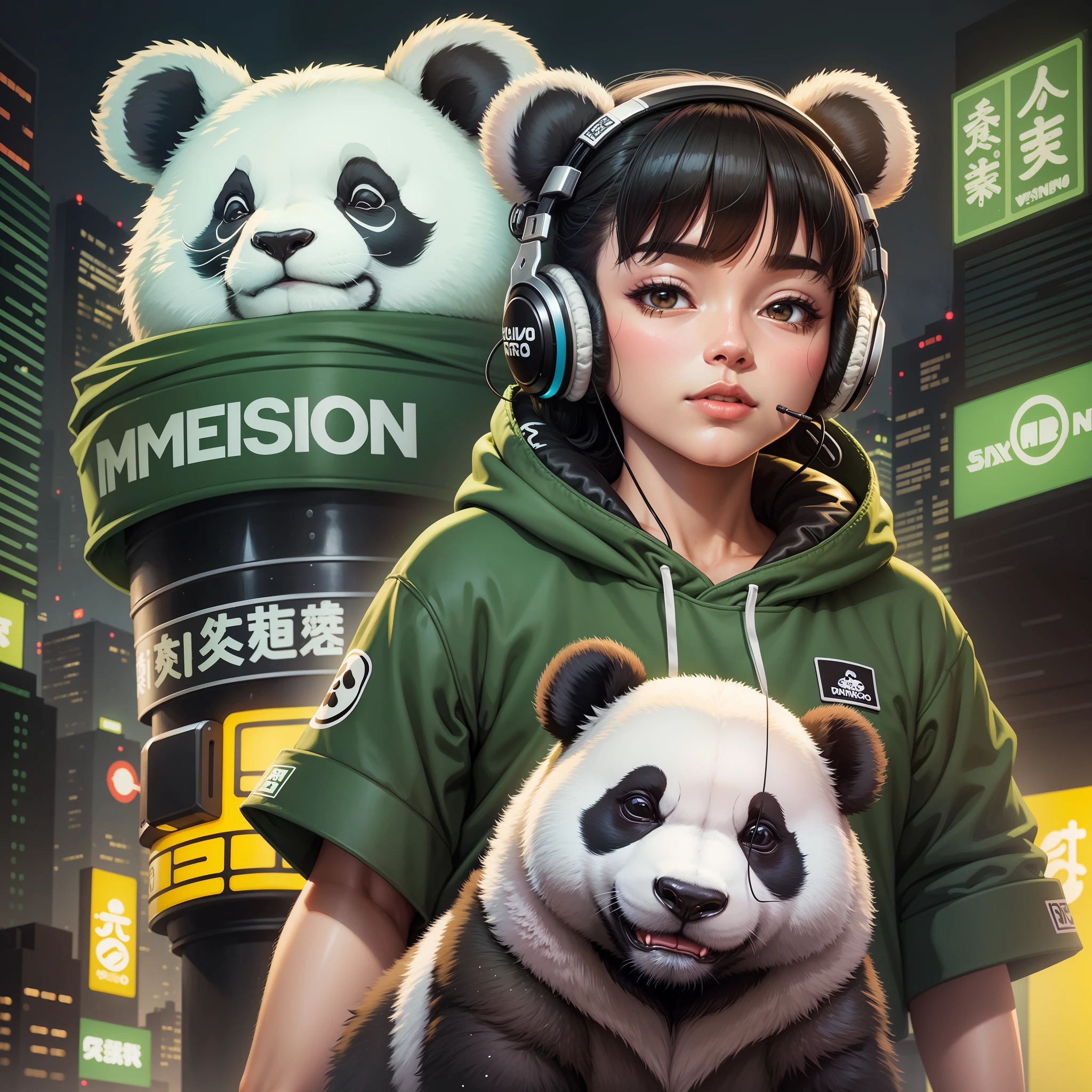 Crie um panda usando um moletom verde escuro, with great details. The panda is wearing headphones and hiking in São Paulo, with vibrant neon lights in the background. The drawing style is Akira.