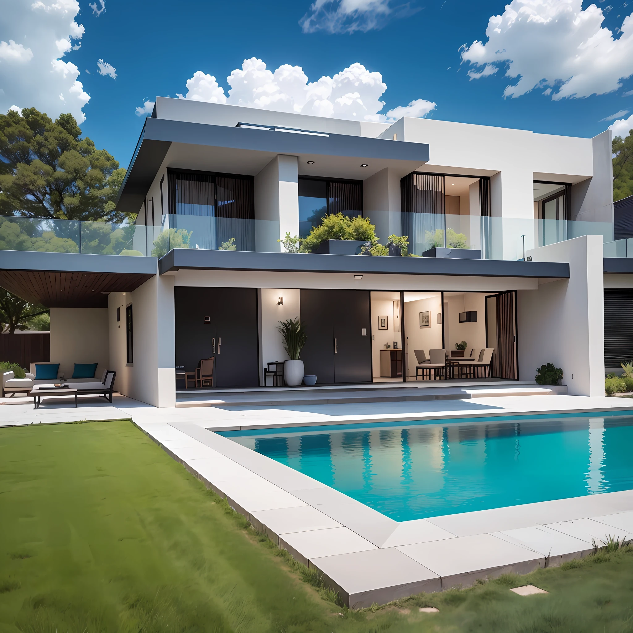 Bem-Coming to my newest architectural creation. This house is a reference of modern luxury. Com dois andares imponentes e tons claros, The house stands out in its neighborhood. The wall of glass windows at the front of the house allows natural light to illuminate the spacious living room and bedrooms upstairs. Double height creates a sense of grandeur, com detalhes em vidro temperado. No quintal, A pool with a stone deck is the perfect place to relax and cool off. The front garden is a green paradise, with a stone path leading up to the front door. A BMW car model 2020 in metallic blue color is parked in front of the house, giving a touch of style and sophistication. The blue sky with clouds creates the perfect backdrop for the house, and the wide view captures all the elements perfectly. The image has very high resolution. This is your dream home, agora tornada realidade.  
Prompts negativos --auto --s2