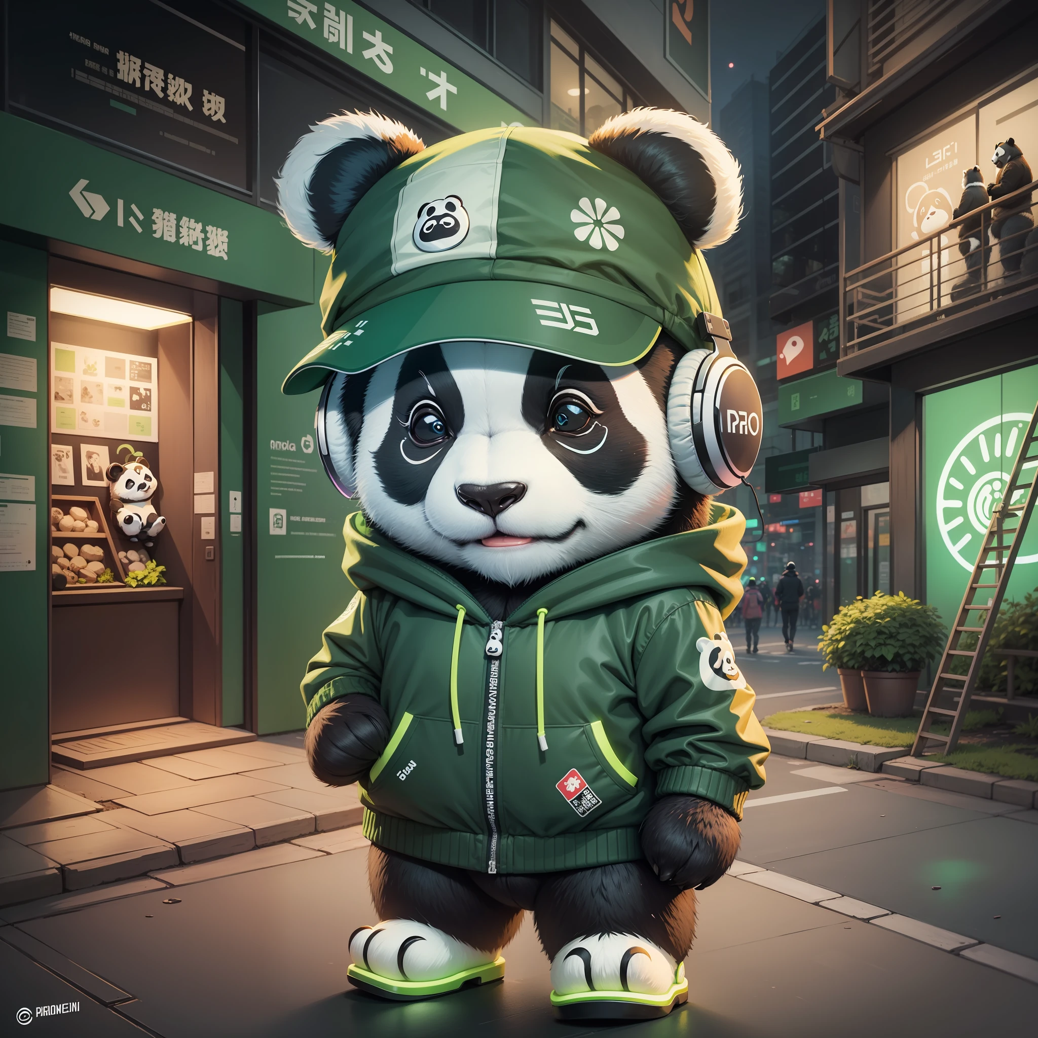 Crie um panda usando um moletom verde escuro, with great details. The panda is wearing headphones and hiking in São Paulo, with vibrant neon lights in the background. The drawing style is Akira.