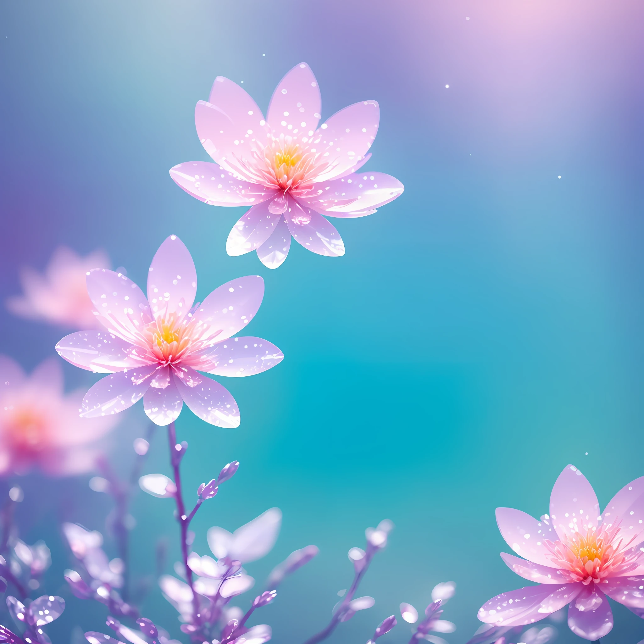 Crystal spring flower，Pink white gradient，water drop，Fantastical, galaxies, Transparent,, Pink white gradient，water drop，Light blue leaves，Sparkle, Sparkle, brilliance, Water，colorful，, Magical photography of light blue leaves, dramatic illumination, Photo realism, Ultra detailed, 4k, depthoffield, high resolusion