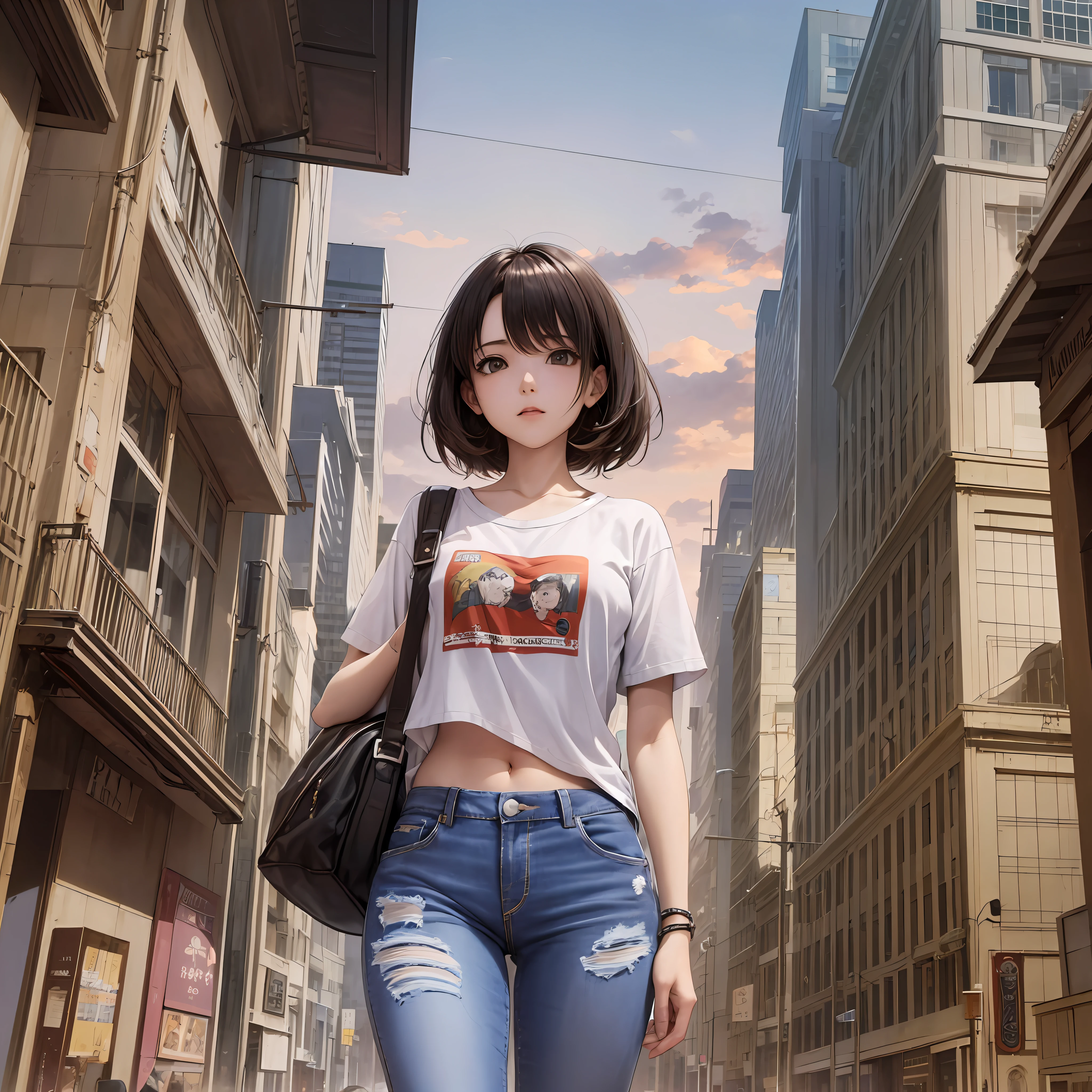 (melhor qualidada, obra prima), 1menina, anime style, gengibre loiro cabelo longo, surpresa, blurry background, topo de corte, jeans rasgados, a city plagued by a deadly virus outbreak,
