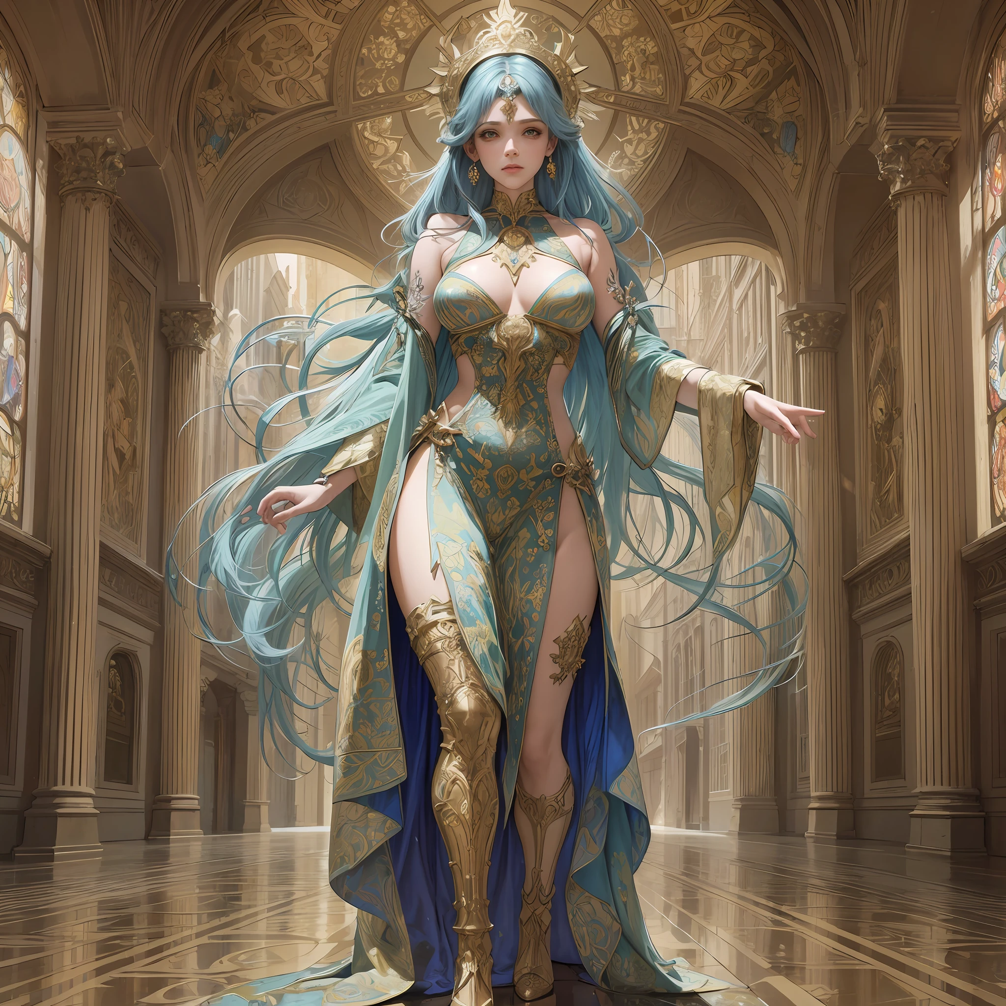 tatuada, full head head, complete head, no half head, angel halo over the head, full body length standing of a photorealistic beautiful woman, proporcional, intense coloration fantasy, cabelos claros, uma fotografia realista impressionante 20 anos , cabelo brancos, moda de classe alta, random color eyes, corpo inteiro, perfect hands, cobrir, dress design has fractal and tiling features, pintura hiperdetalhada, Luminismo, octane render, Bar lighting, complexo, {{Martin then}}, 8k resolution concept art portrait by Martina Fačková and Prywinko Art, Artgerm, WLOP, Alphonse Mucha, little fusion pojatti realistic steampunk, fractal isometrics details bioluminescence : hypereallistic cover photo awesome full color, handdrawn, escuro, corajoso, mucha realista, Klimt, DaVinci, Erte .12k, intrincado. hit definition , cinematic,Rough sketch, mistura de linhas escuras fortes e linhas soltas, linhas em negrito, not paper , Vida humana real, cores ousadas nos vestidos, {{{{Corpo todo}}}}