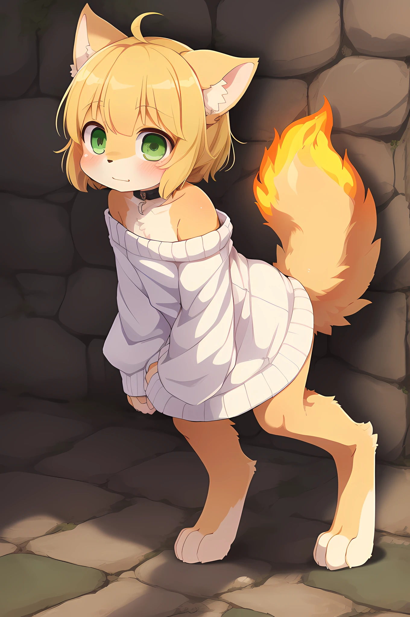 (dark environment:0.8),masterpiece, high quality, absurd res, digital painting \(artwork\), by dagasi, yupa,kiyosan,(anthro,fluffy fur,character focus:1.1)solo focus, ((masterpiece, (,best quality))), 1 girl, shoulder length blonde hair, dog anthro, furry, (smol, petite, oppai loli, detailed fur, body fur, fiery tail,:1.0)((golden fur, curled tail, large fluffy tail, (simple white sweater dress, bright green eyes, bare shoulders, large sleeves, off-shoulder dress, snout,))) dog furry, fursona, paws, (digitigrade, large cast iron collar, solo focus, girl focus, large fluffy tail, yellow orange red tail, fiery tail, tail on fire, flustered, dog anthro dog girl , ((((digitigrade, automatically correct, stone walls, stone floor,))