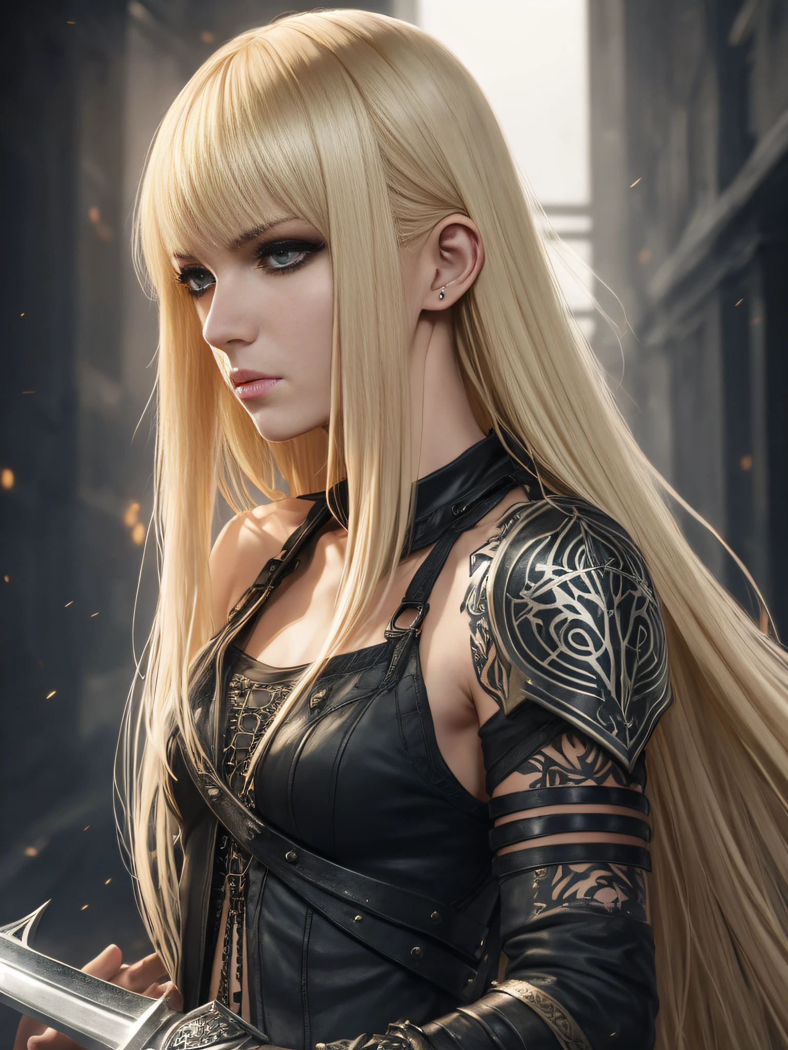 Long blond hair girl with bangs wearing black punk casual outfit. Holding a Sword on fire. Dark hallway background. Luis Royo, Ellen Jewett. full lips, punk hairstyle, slim, athletic. Basic, Realism, Minimalist, Whimsical. Natural lighting, biblical imagery, glowing in the dark, unreal engine 5, 4k, 8k, hd, photorealistic --auto --s2