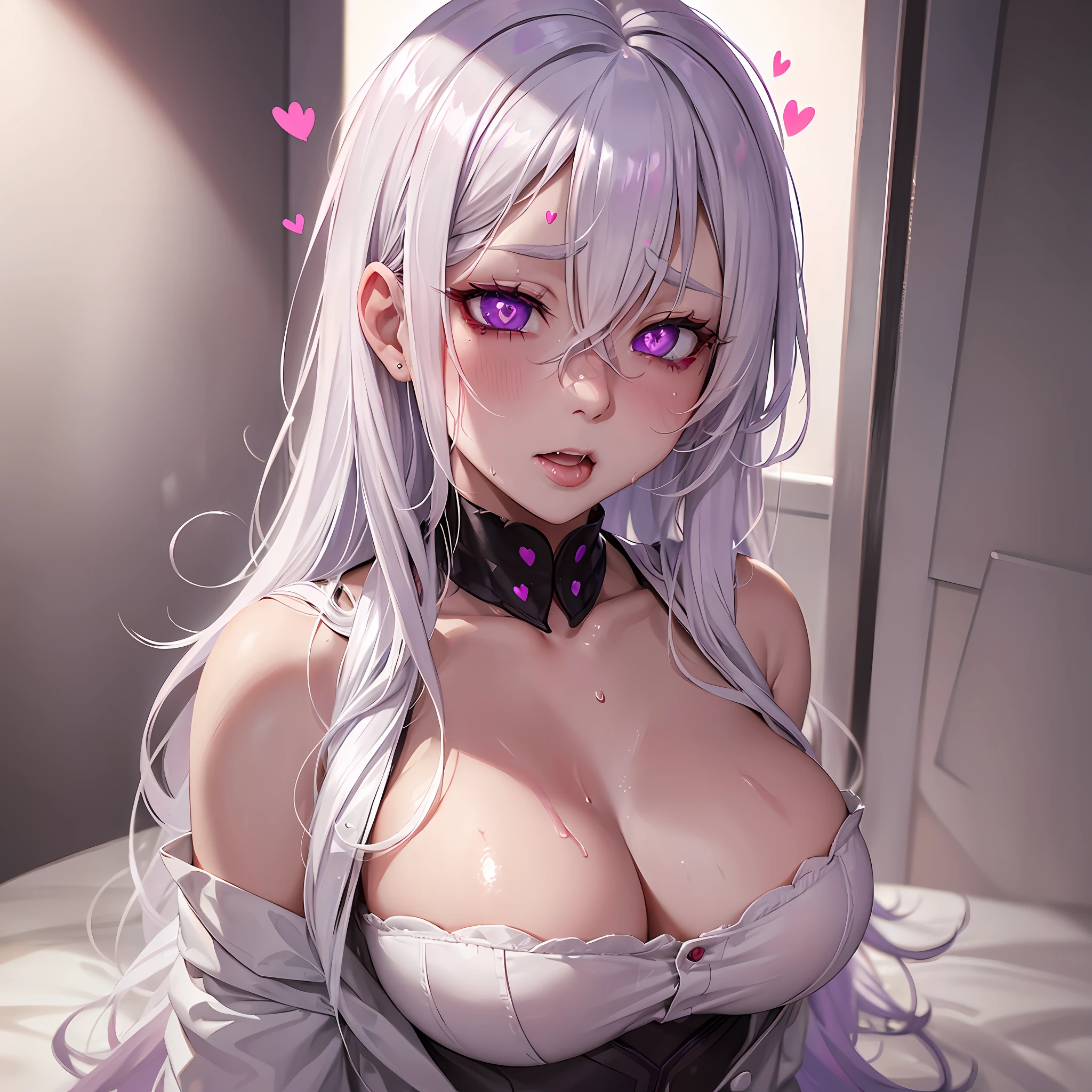 (corruption),1girl,white hair,purple eyes,medium breasts,blush,(ahegao),collarbone,trembling,sweat,sweatdrop,heart, (heart-shaped pupils:1.3),