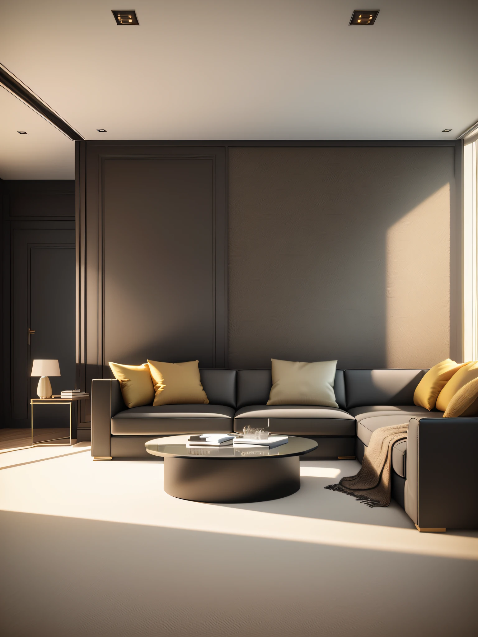 Living room view with sofa, coffee table, light background wall, modern light luxury style, custom details, large carpet, fabric sofa, high quality 3D rendering, high quality 3D rendering, excellent 3D rendering, high quality rendering, Unreal Engine realistic rendering, luxury HD rendering, soft ambient lighting, rendering in Unreal Engine 6