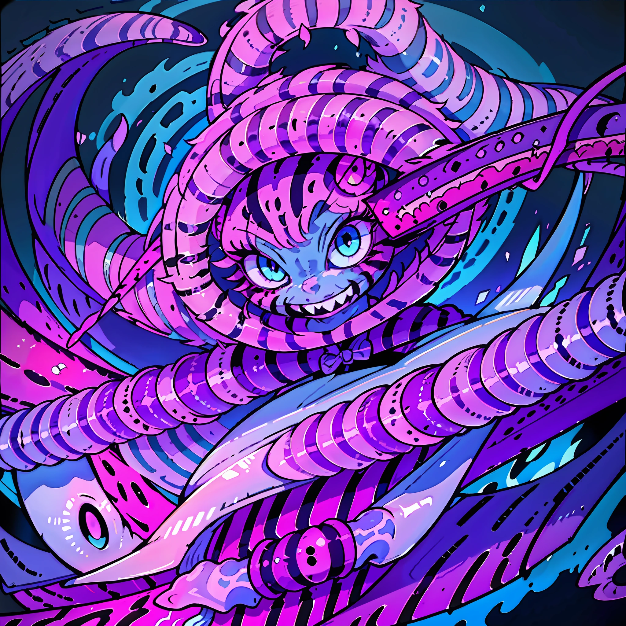 (one cheshire cat:1.3), (wonderful:1.05), (mutant:1.1), (wide mouth), (Brightly-Blue eyes), glowing neon-purple fur, neon striped tail, mischievous, sinister, (creepy), (Abstract color background), neon lines on the background, sharp focus, (glowing purple fire on background), (full body), udr, 4k, (no human:1.4), (non-human:1.4)