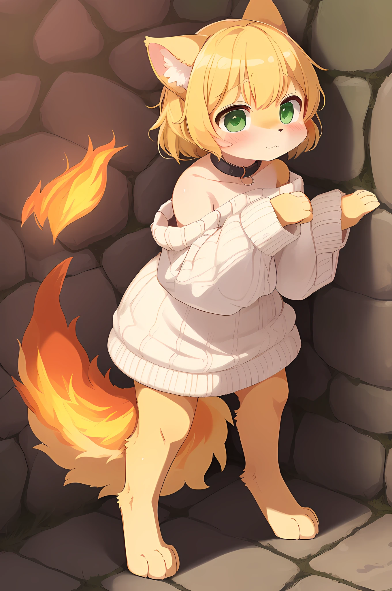 (dark environment:0.8),masterpiece, high quality, absurd res, digital painting \(artwork\), by dagasi, yupa,kiyosan,(anthro,fluffy fur,character focus:1.1)solo focus, ((masterpiece, (,best quality))), 1 girl, shoulder length blonde hair, dog anthro, furry, (smol, petite, oppai loli, detailed fur, body fur, fiery tail,:1.0)((golden fur, curled tail, large fluffy tail, (simple white sweater dress, bright green eyes, bare shoulders, large sleeves, off-shoulder dress, snout,))) dog furry, fursona, paws, (digitigrade, large cast iron collar, solo focus, girl focus, large fluffy tail, yellow orange red tail, fiery tail, tail on fire, flustered, dog anthro dog girl , ((((digitigrade, automatically correct, stone walls, stone floor,))