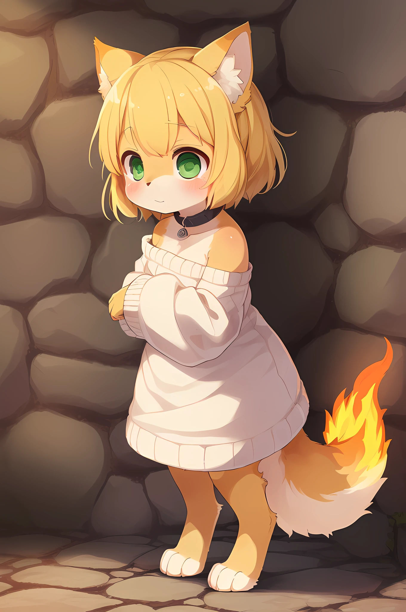 (dark environment:0.8),masterpiece, high quality, absurd res, digital painting \(artwork\), by dagasi, yupa,kiyosan,(anthro,fluffy fur,character focus:1.1)solo focus, ((masterpiece, (,best quality))), 1 girl, shoulder length blonde hair, dog anthro, furry, (smol, petite, oppai loli, detailed fur, body fur, fiery tail,:1.0)((golden fur, curled tail, large fluffy tail,  (simple white sweater dress, bright green eyes, bare shoulders, large sleeves, off-shoulder dress, snout,)))  dog furry, fursona, paws, (digitigrade, large cast iron collar, solo focus, girl focus, large fluffy tail, yellow orange red tail, fiery tail, tail on fire, flustered, dog anthro dog girl , ((((digitigrade, automatically correct, stone walls, stone floor,))