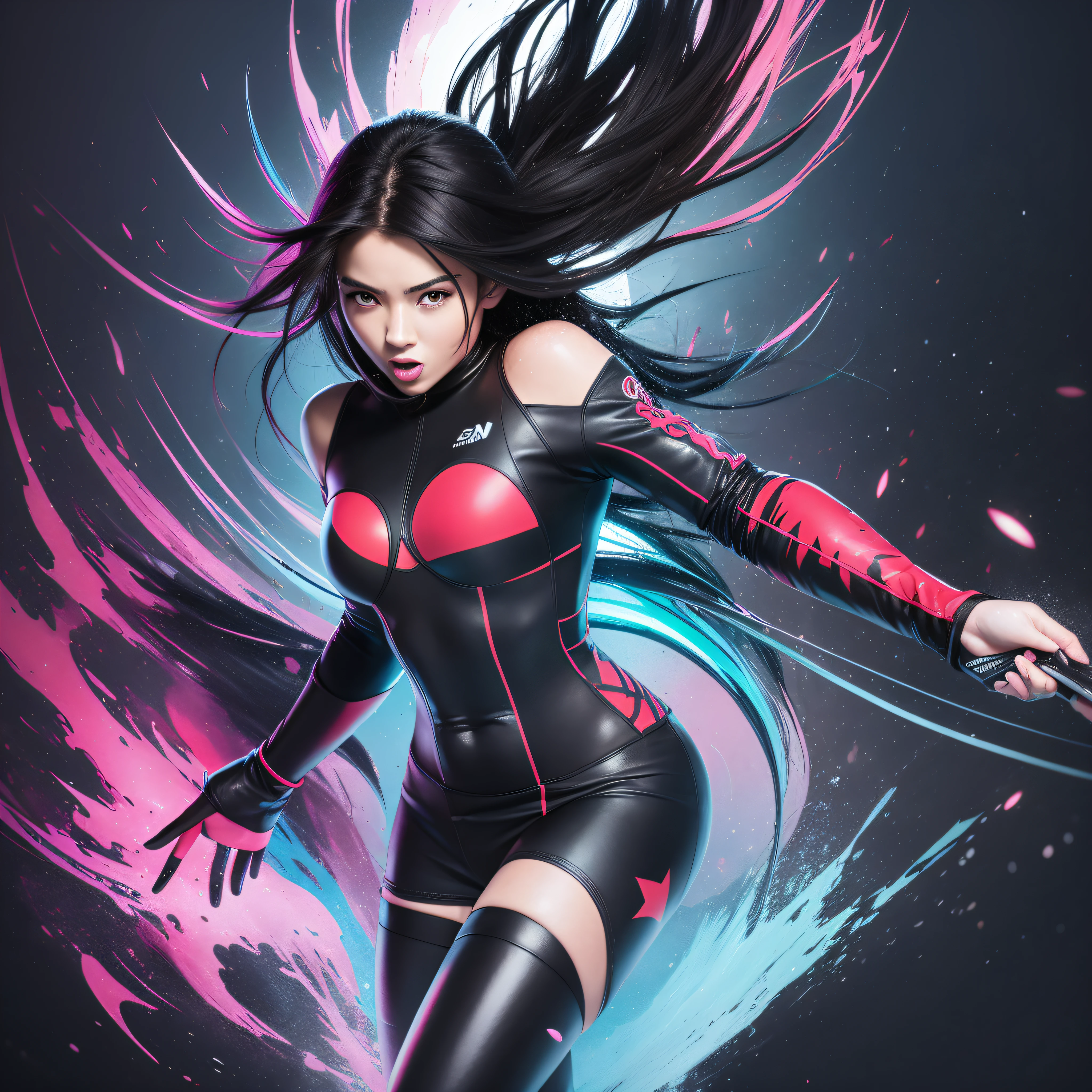 a phrase: "Splash art" in the air, rendered in a vibrant splash art style. ((Black background))